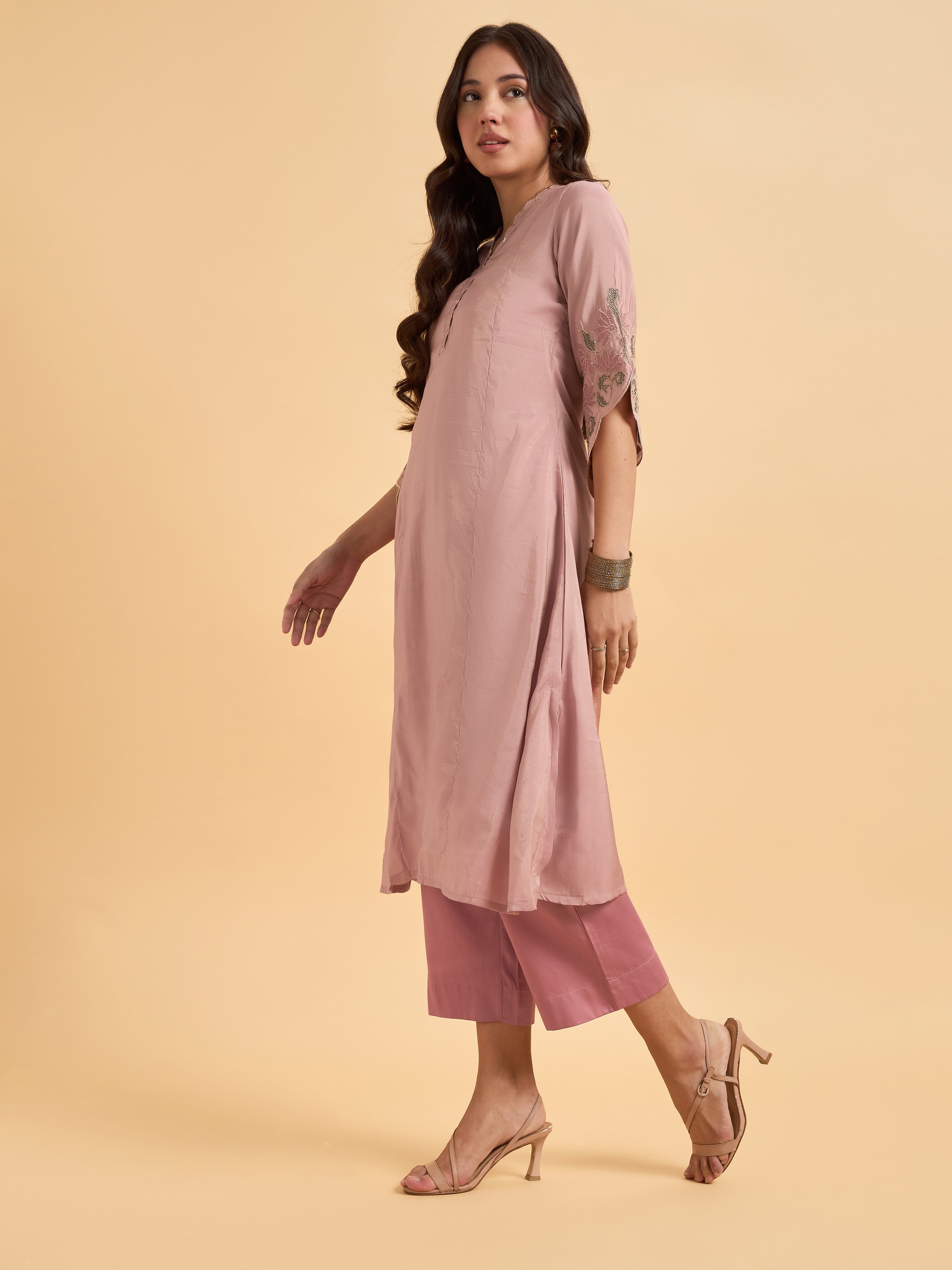 Blush Pink Viscose Shimmer Plain Kurti Set With Sequins Embroidery
