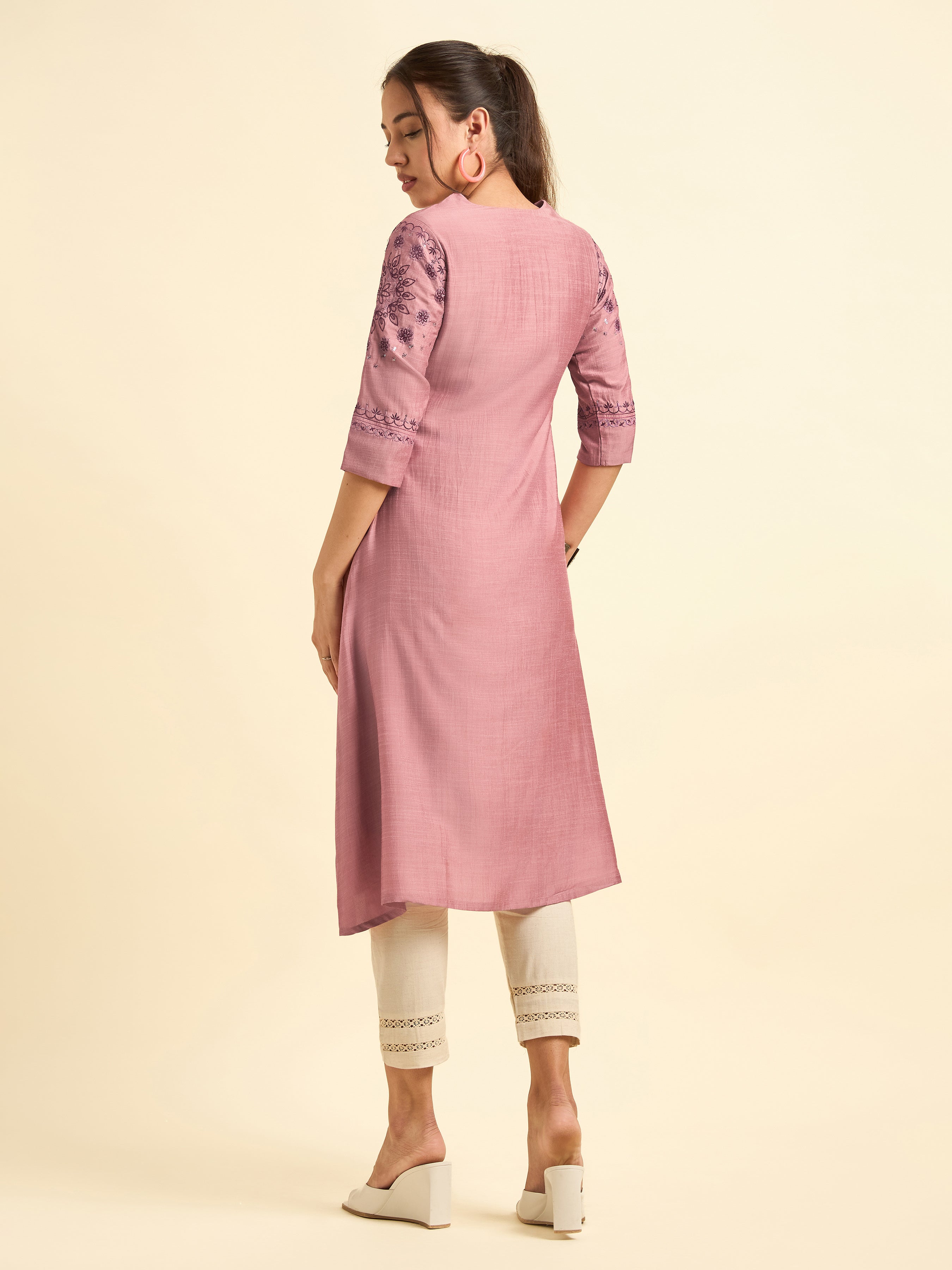 Onion Pink Viscose Blend Plain Flared Kurti Set With Embroidery And Sequins Work