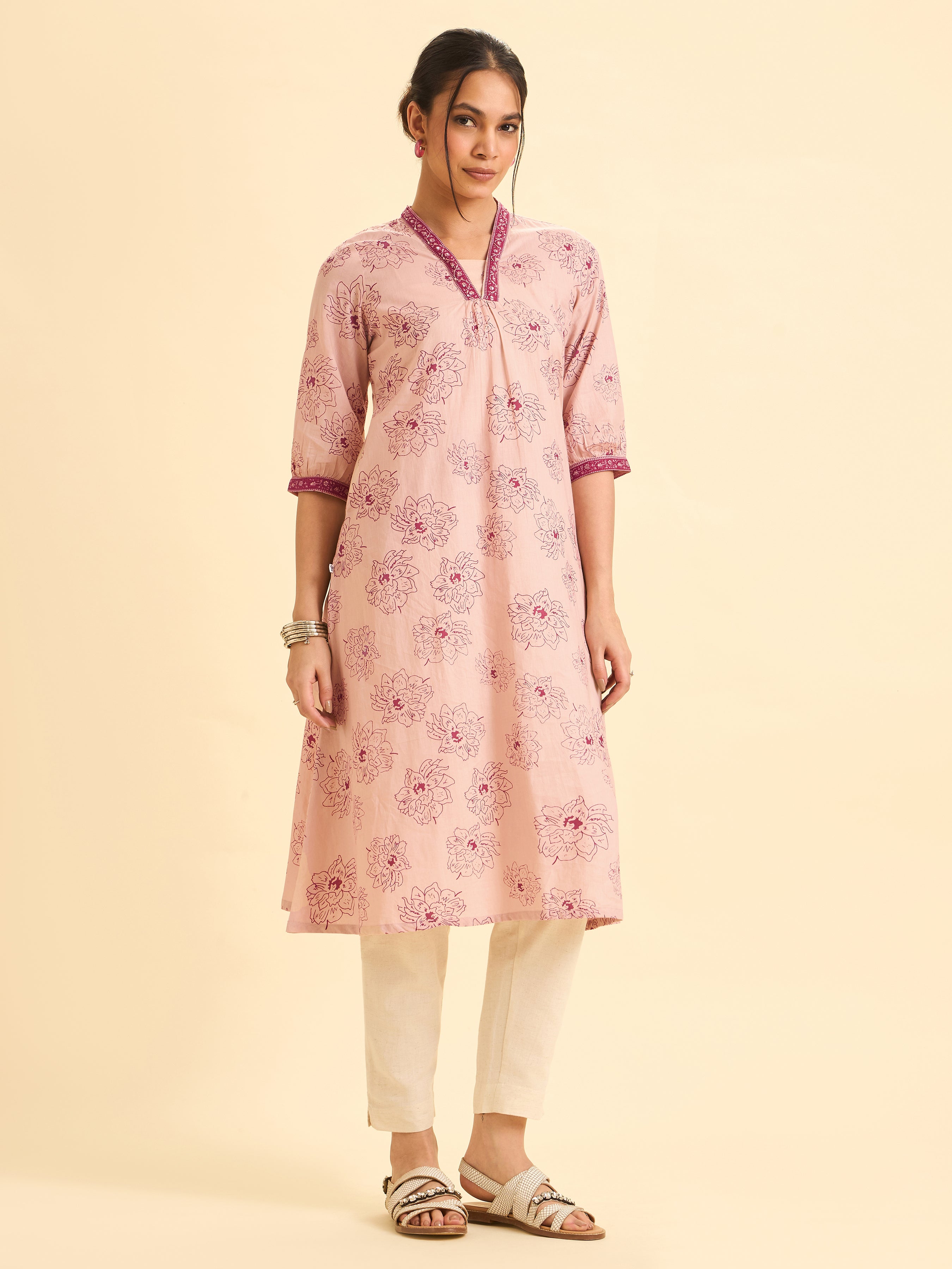 Blush Pink Pure Cotton Printe Kurti With Embroidery And Sequins Work
