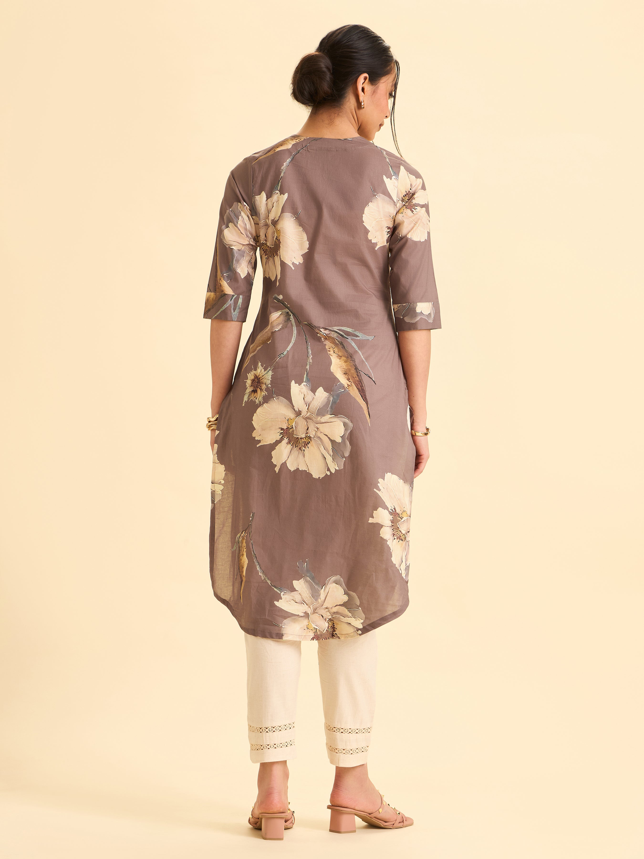 Brown Cotton Kurta With Multi Colour Print And Embroidery