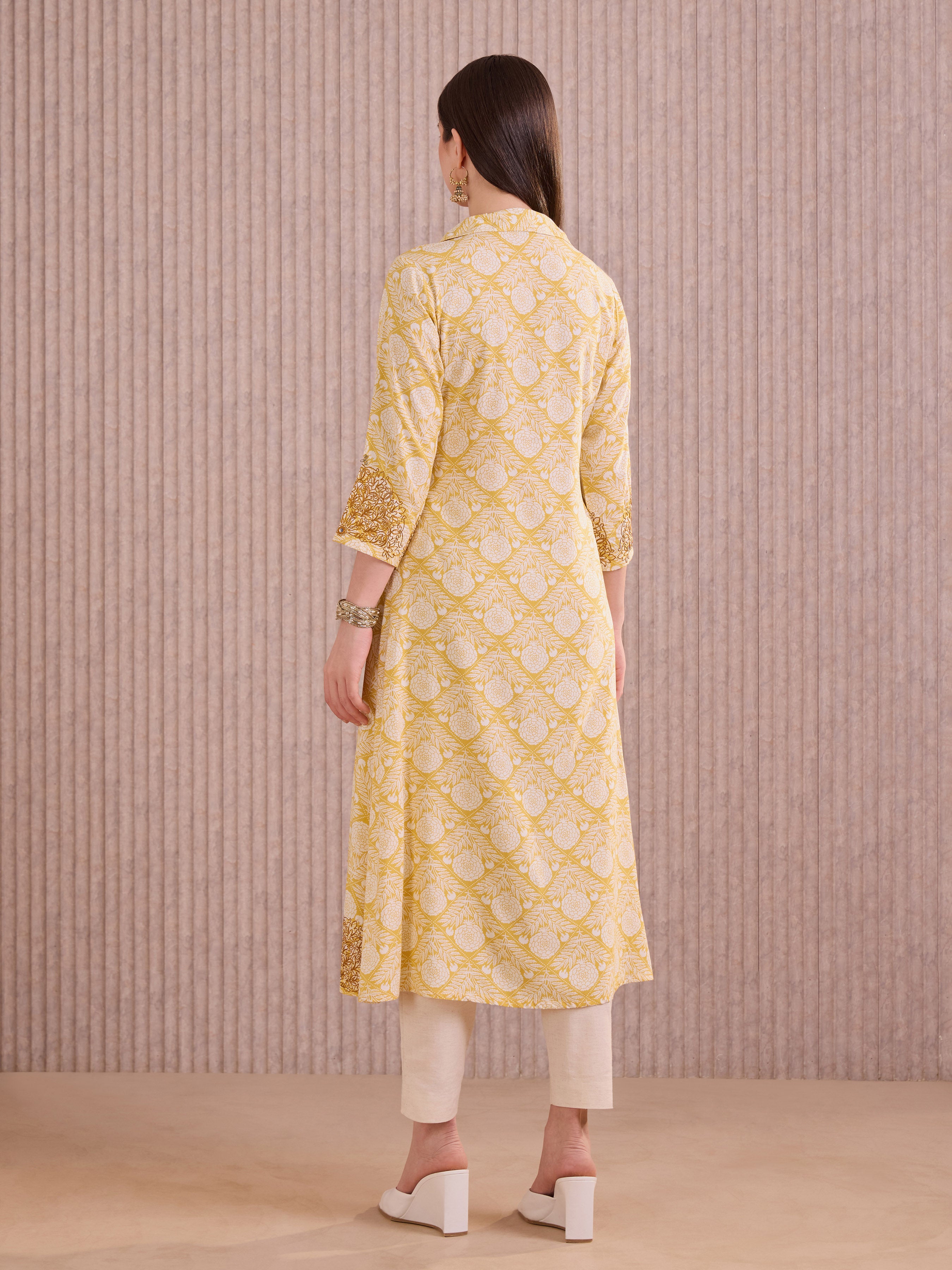 Yellow Viscose Printed Kurti With Embroidery