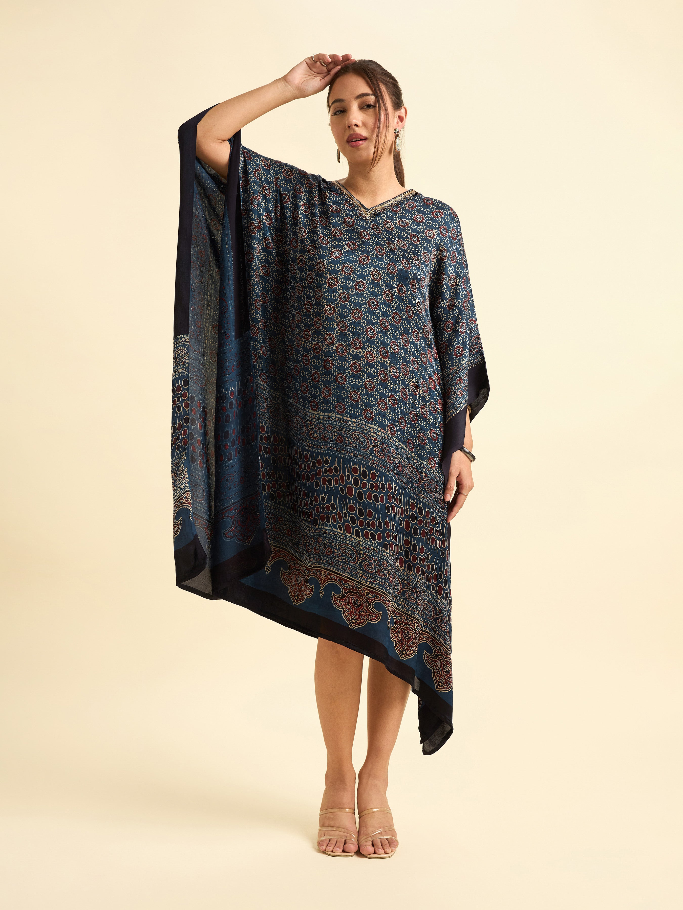 Navy Blue Multi Colour Modal Satin Kaftan With Sequins Embroidery