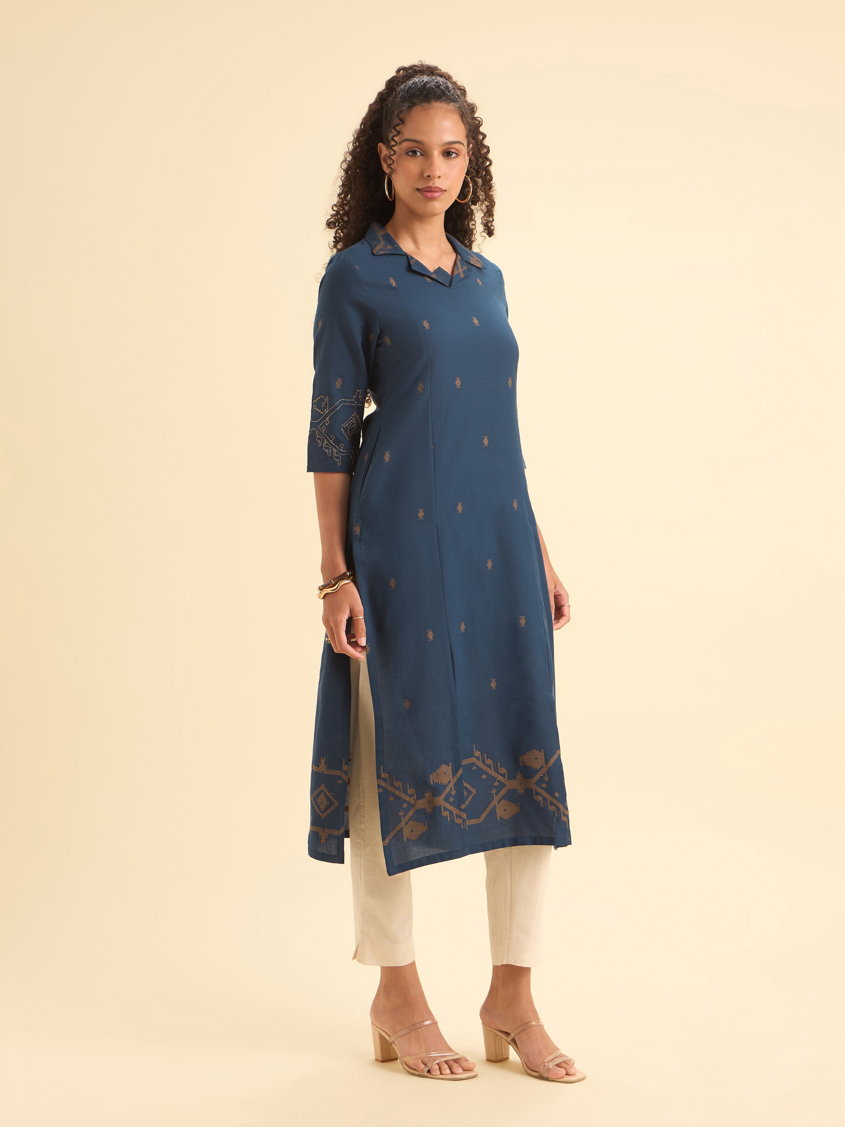 Navy Mustard Cotton Dobby Plain Center Panel Kurti With Embroidery