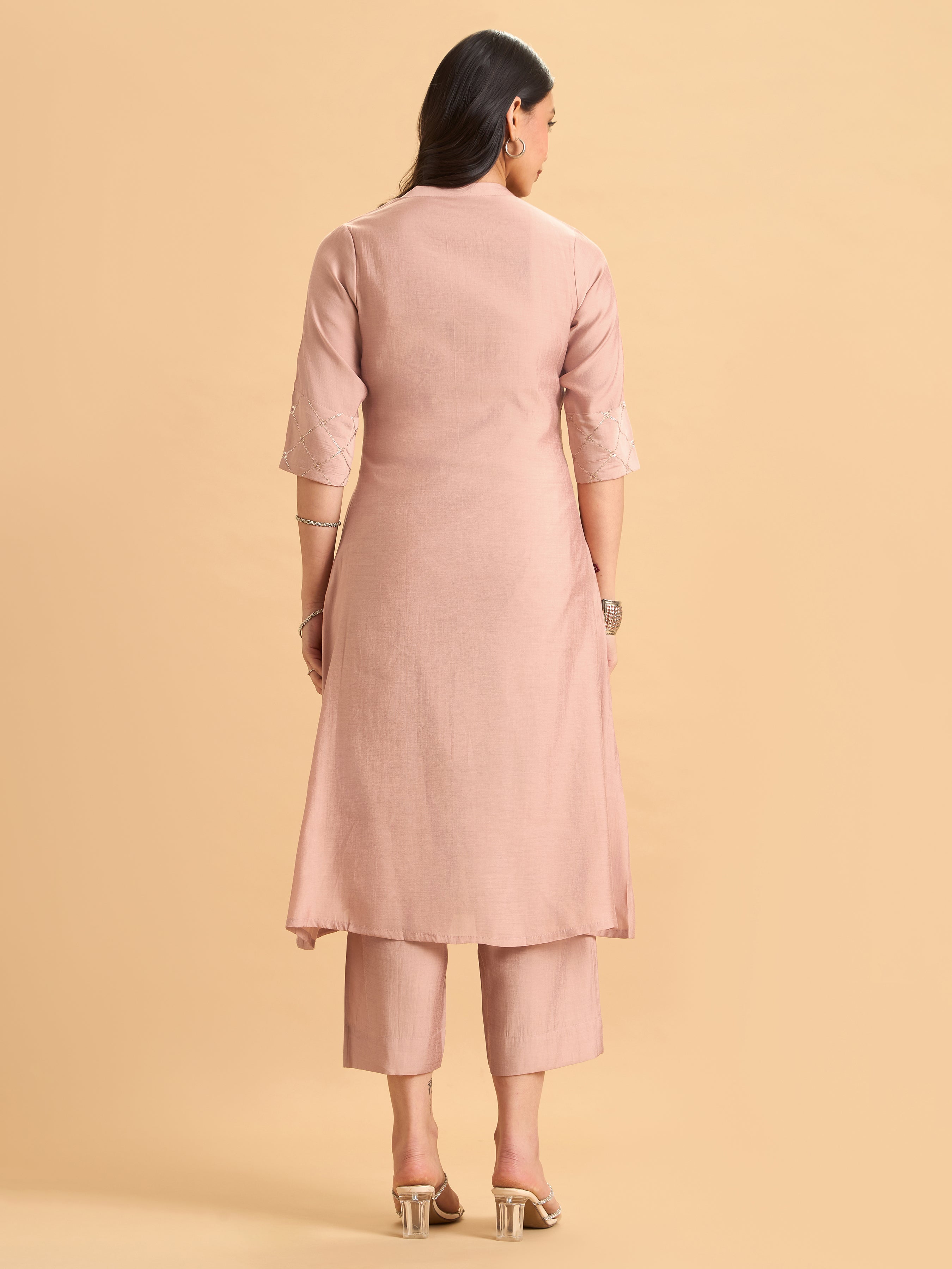 Onion Pink Viscose Plain Kurti Set With Hand Work Embroidery