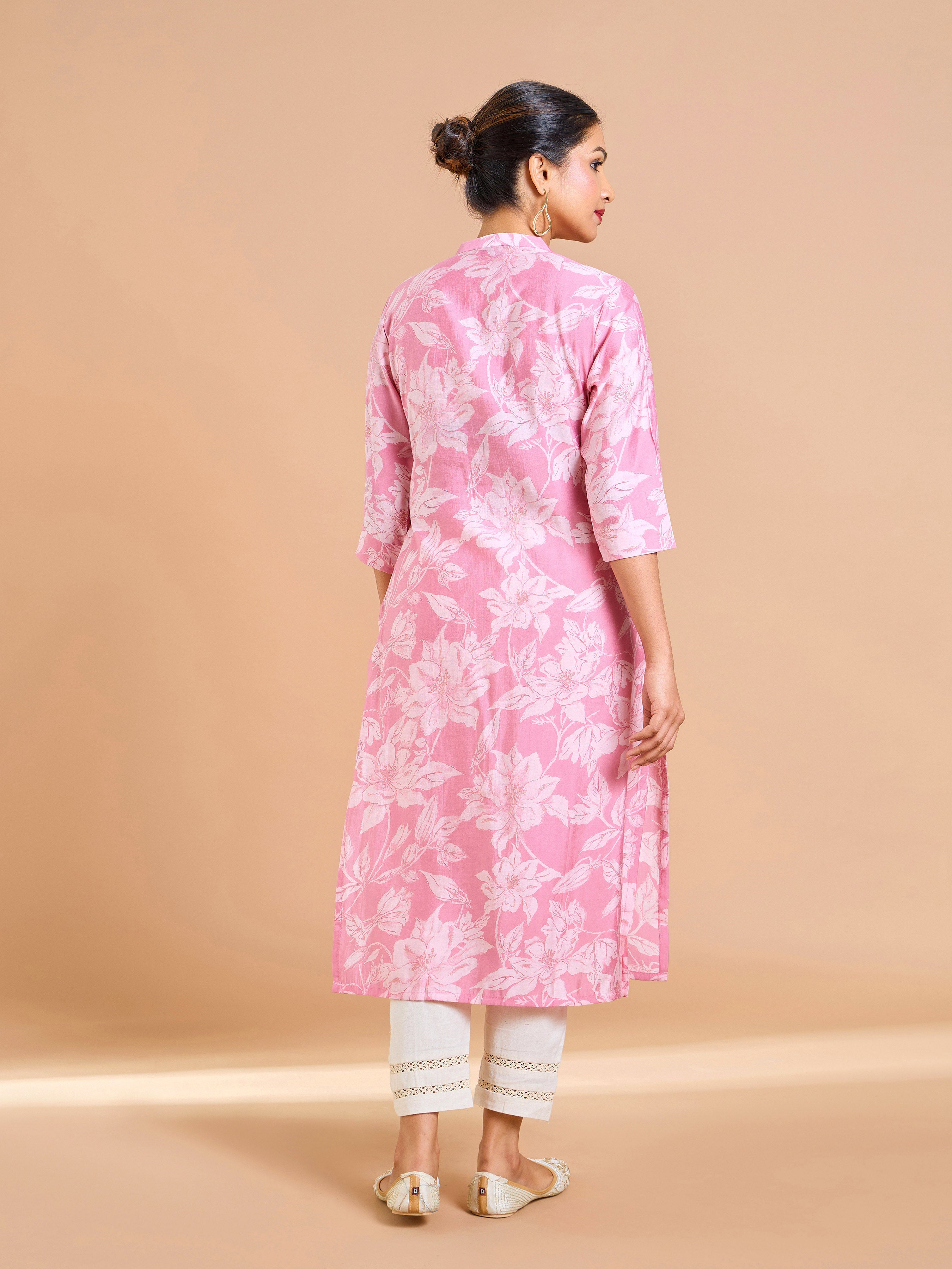 Pink Modal Chanderi Foil Printed Kurti With Princess Cut