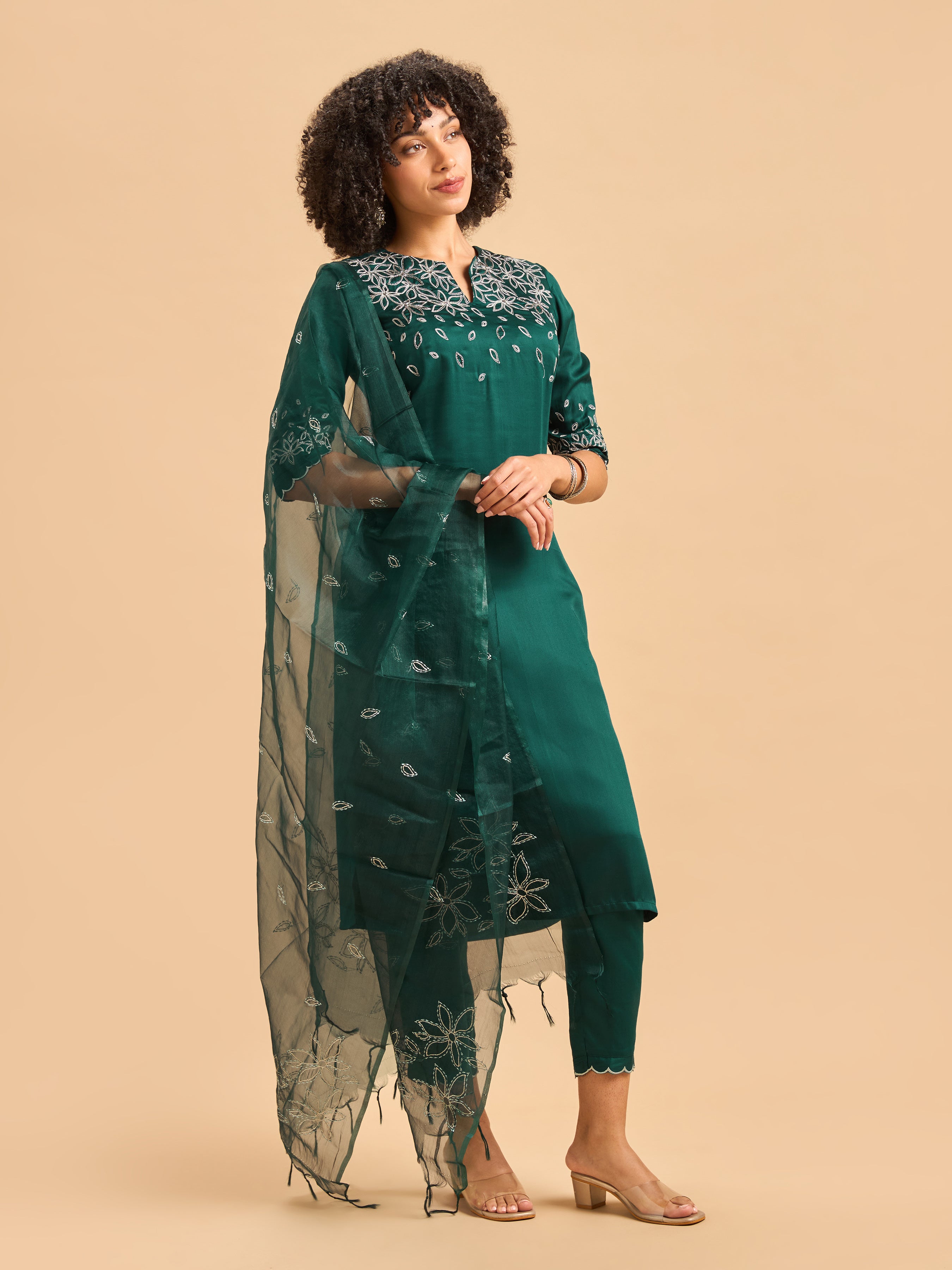 Teal Green Viscose Plain Kurti Set & Dupatta With Hand Work Embroidery