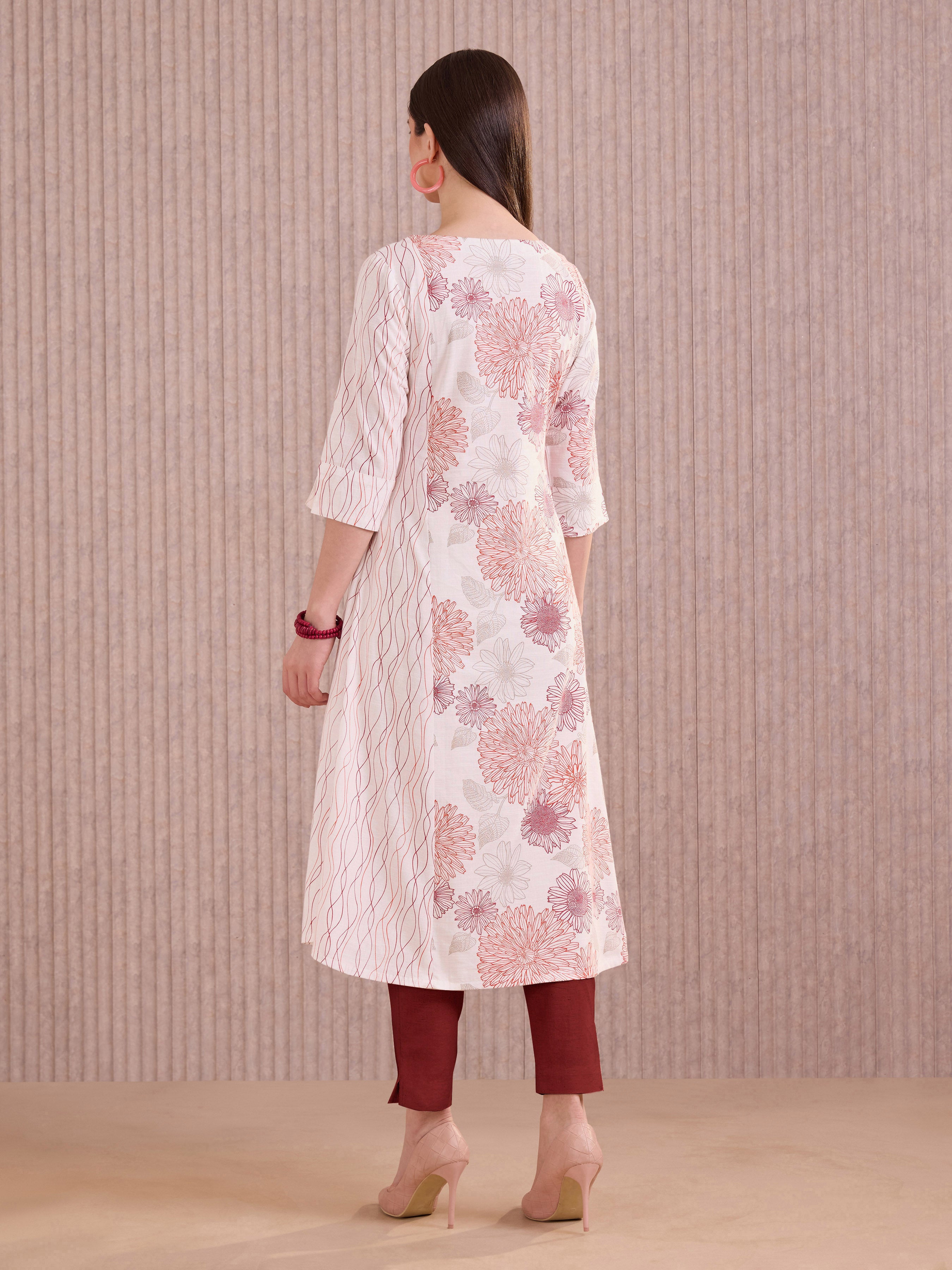 White Cotton Flax printed Kurti With Embroidery.