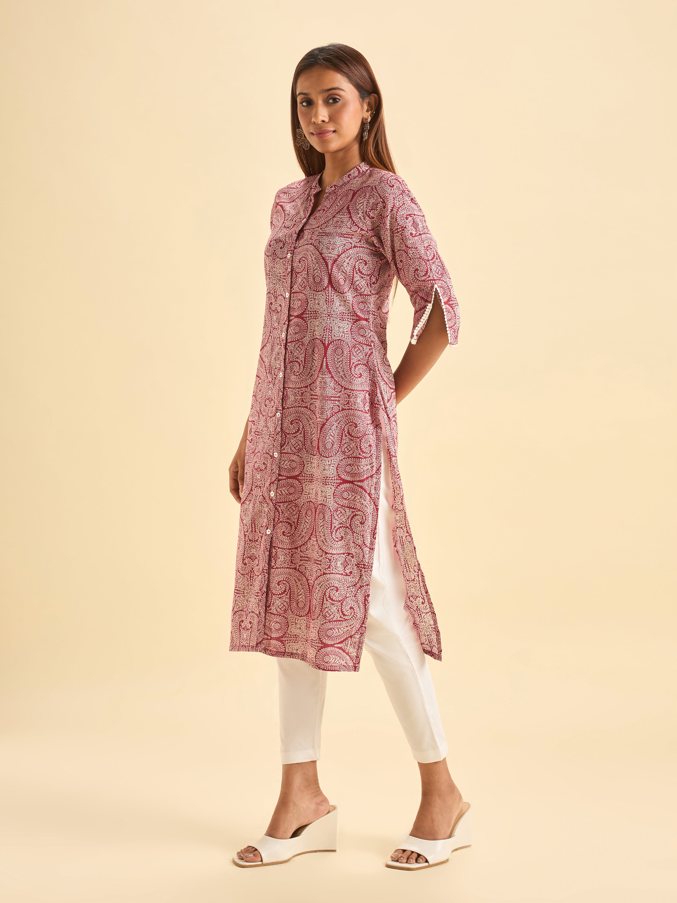 Red White Pure Cotton Printed Center Cut Kurti With Embroidery