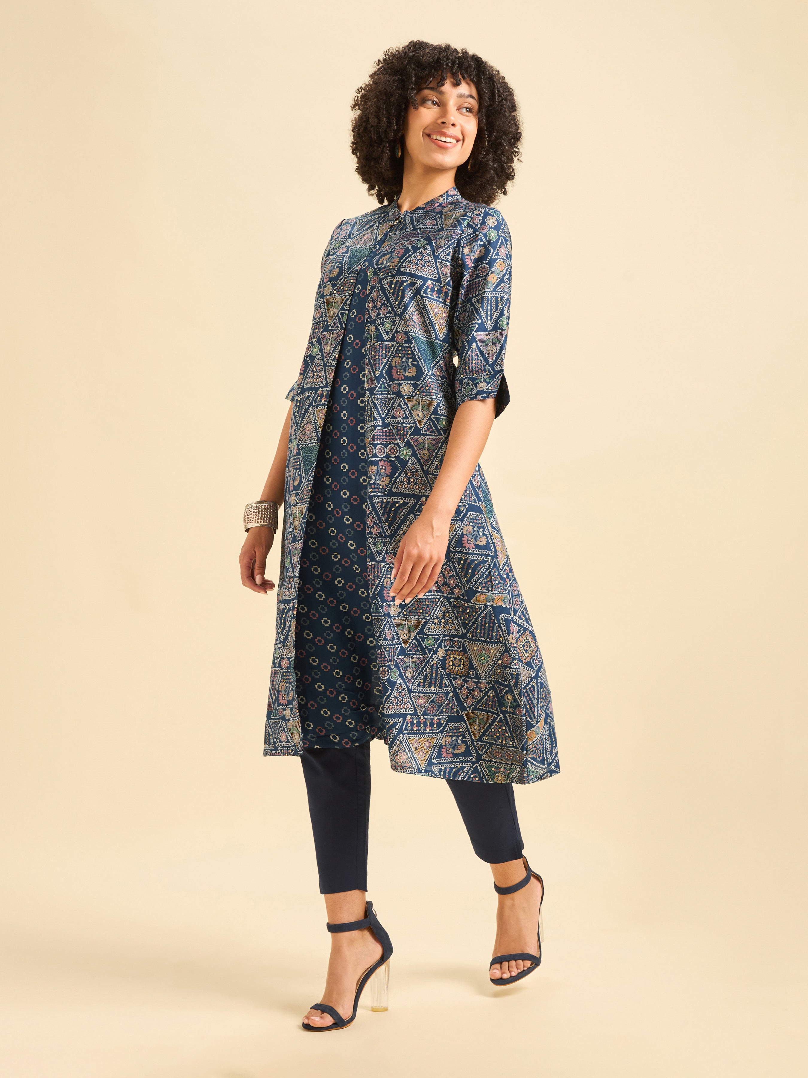 Navy Blue Multi Viscose Blend Printed Flared Kurti.