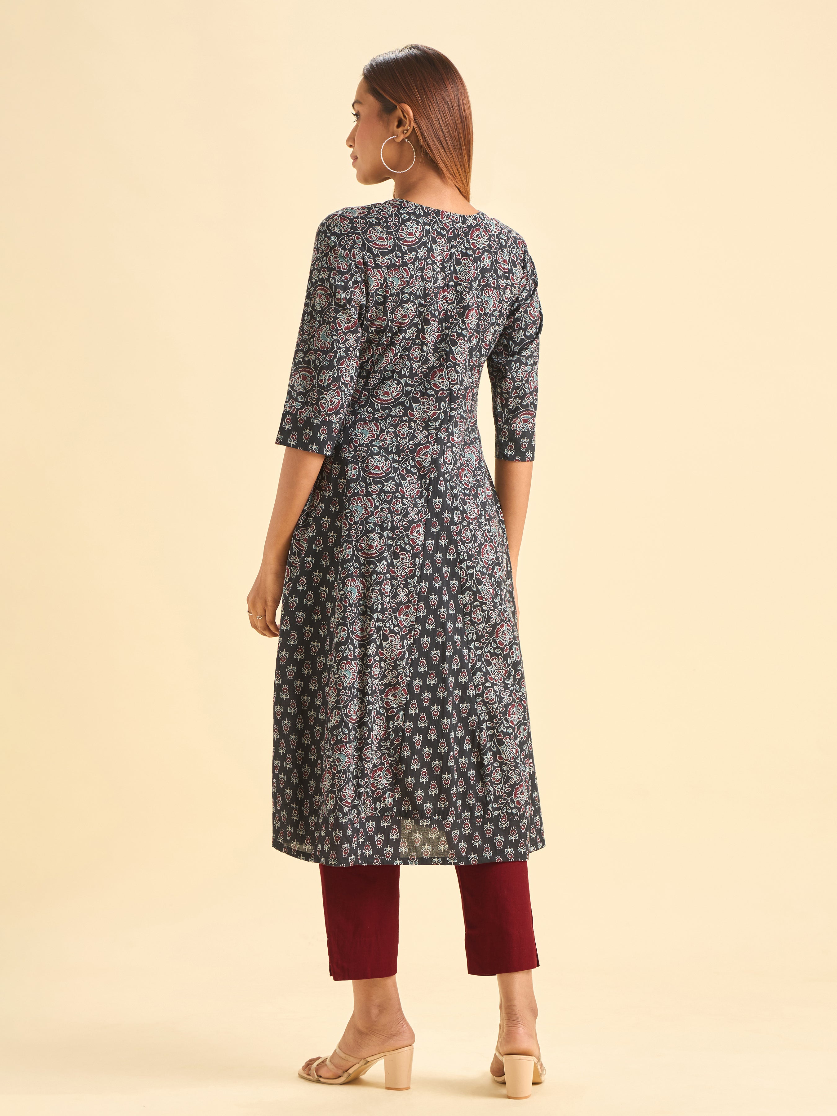 Black Pure Cotton Printed Flared Kalicut Kurti With Embroidery And Sequins