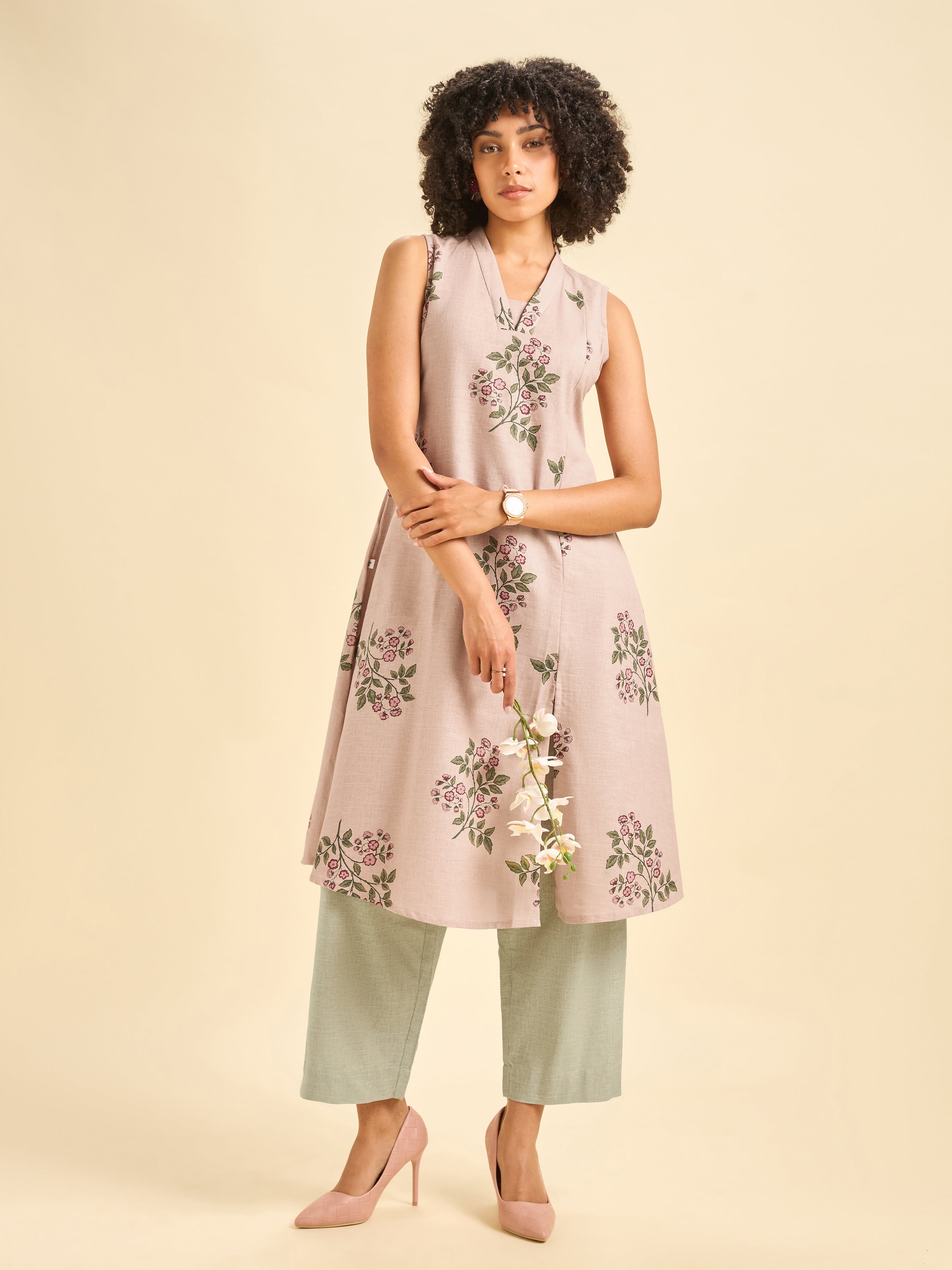 Onion Pink Cotton Flax Slub Sleeveless Kurti Set