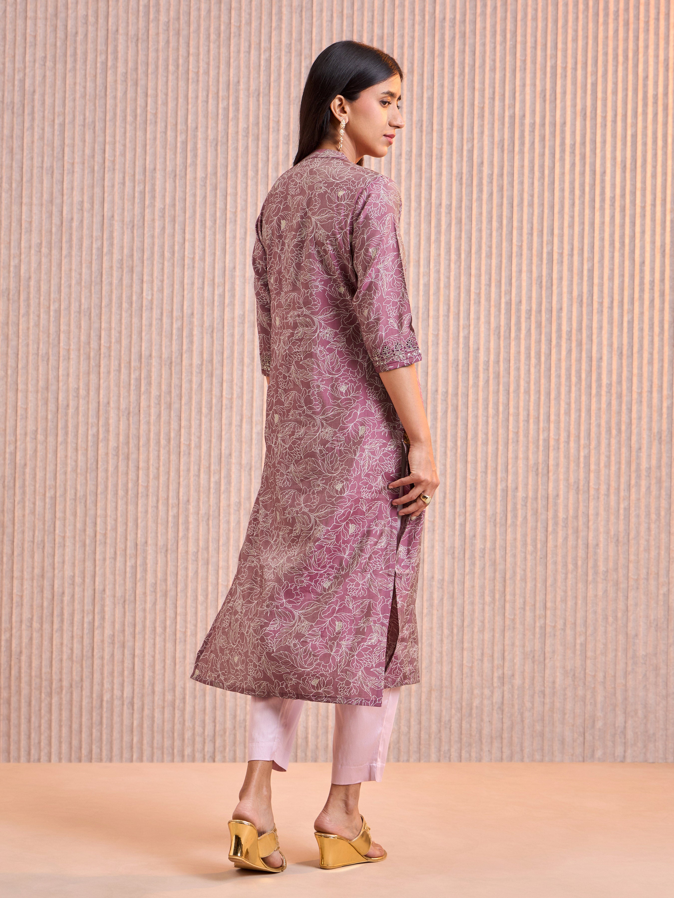 Purple Modal Chanderi Foil Printed Kurti With Cording Sequins Work