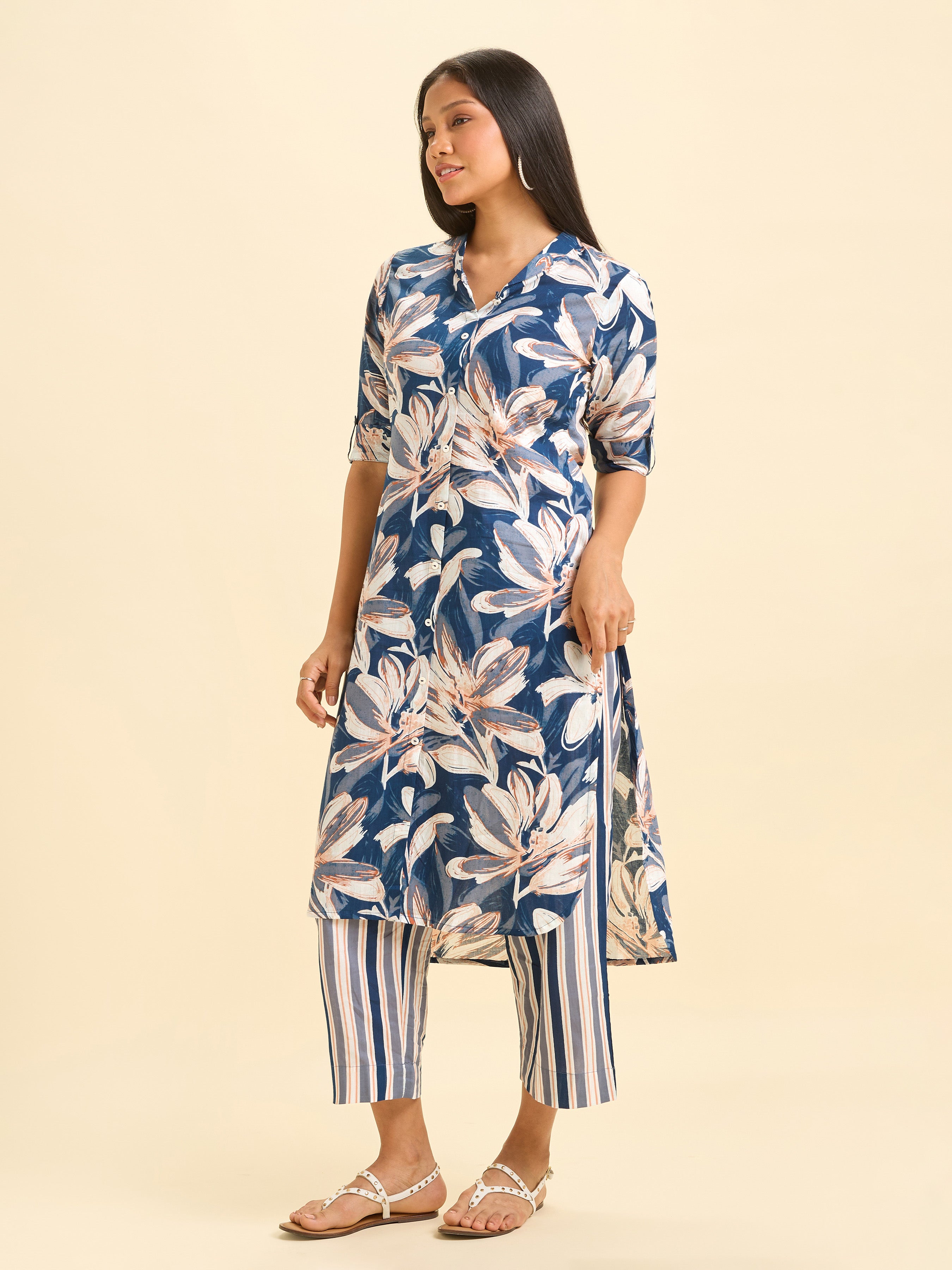 Navy Blue Cotton Flax Printed Kurti Set