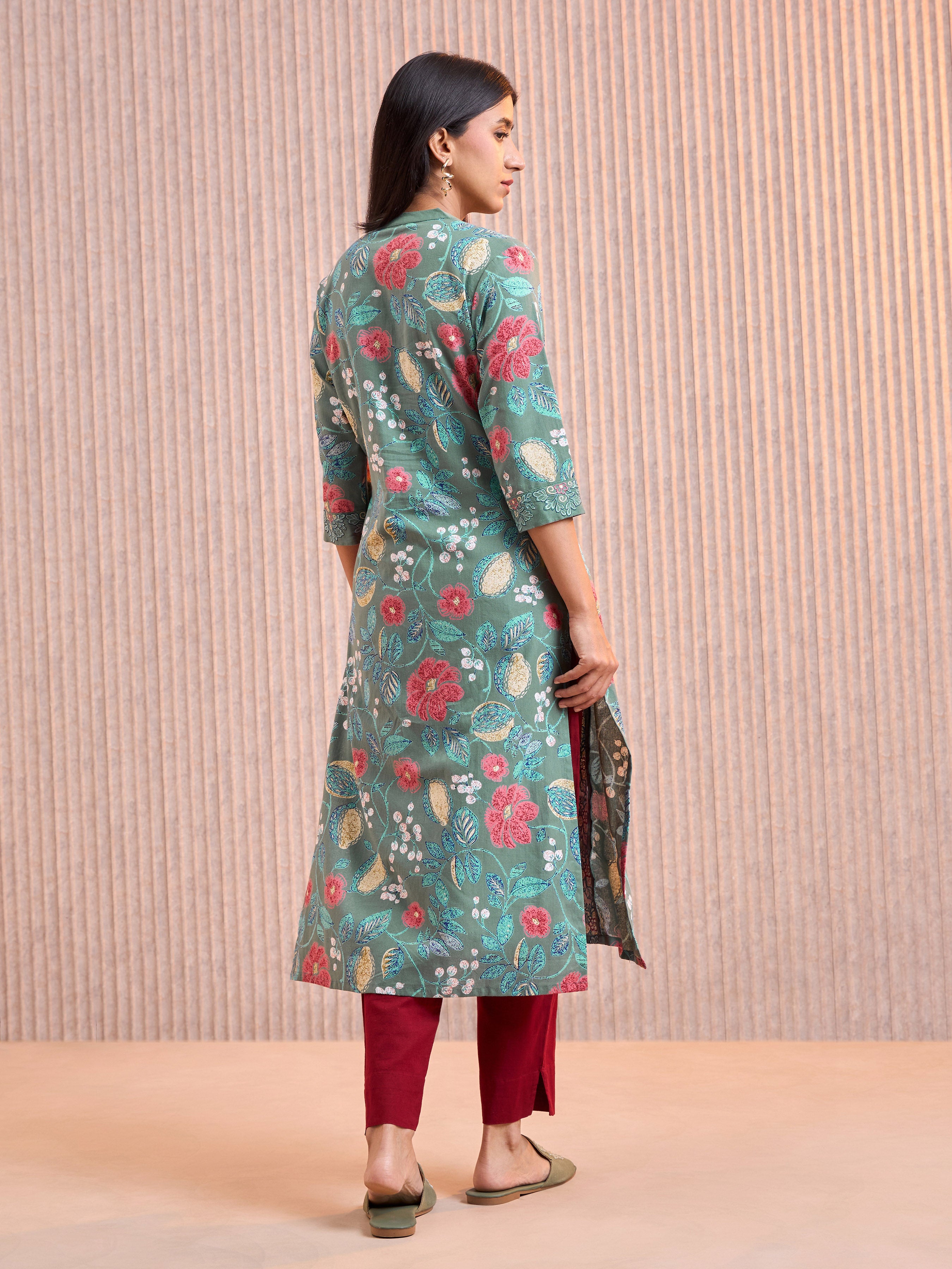 Sage Green Cotton Flax Printed Kurti With Embroidery