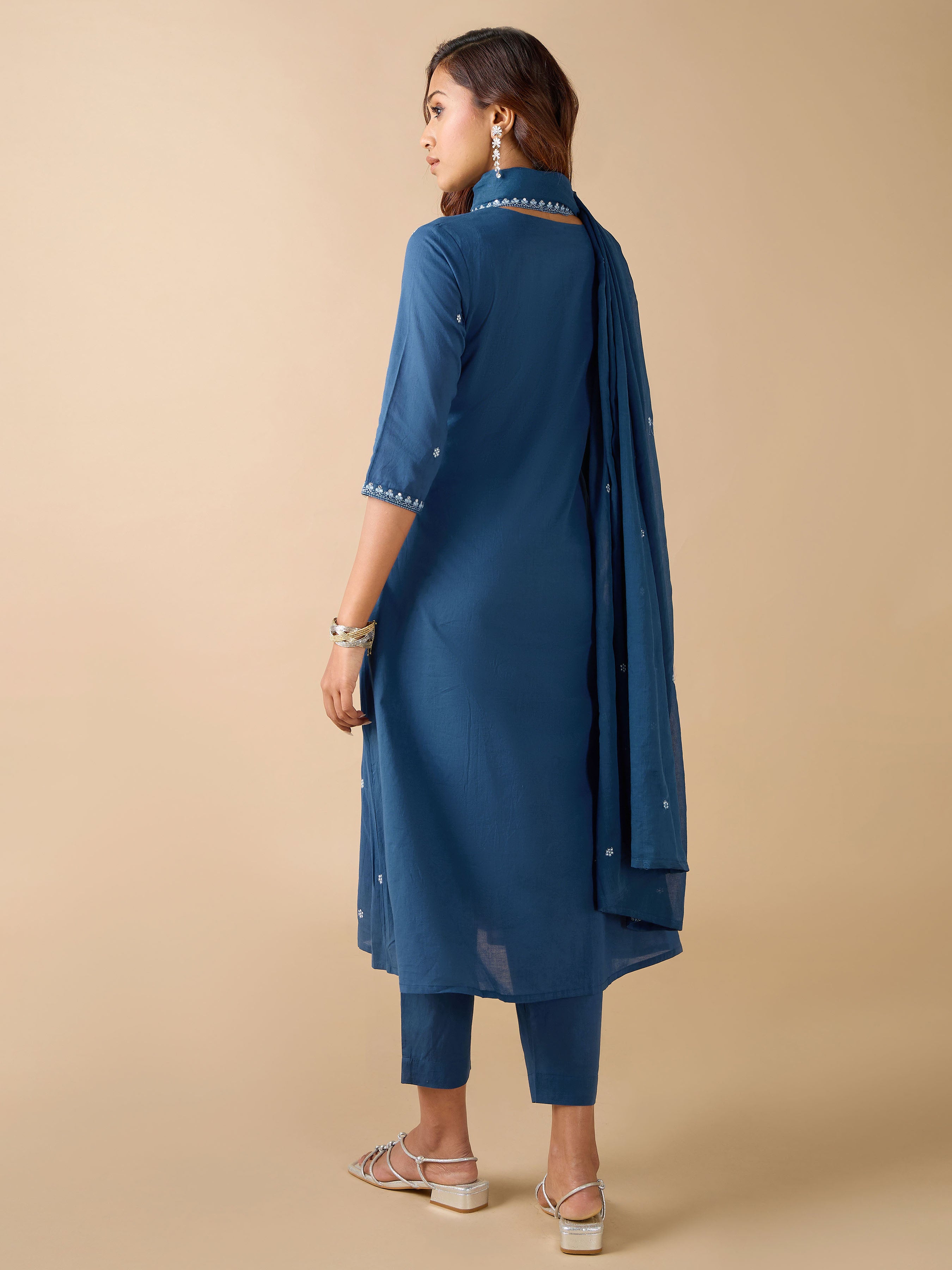 Royal Blue Pure Cotton Kurti Set & Dupatta With Embroidery