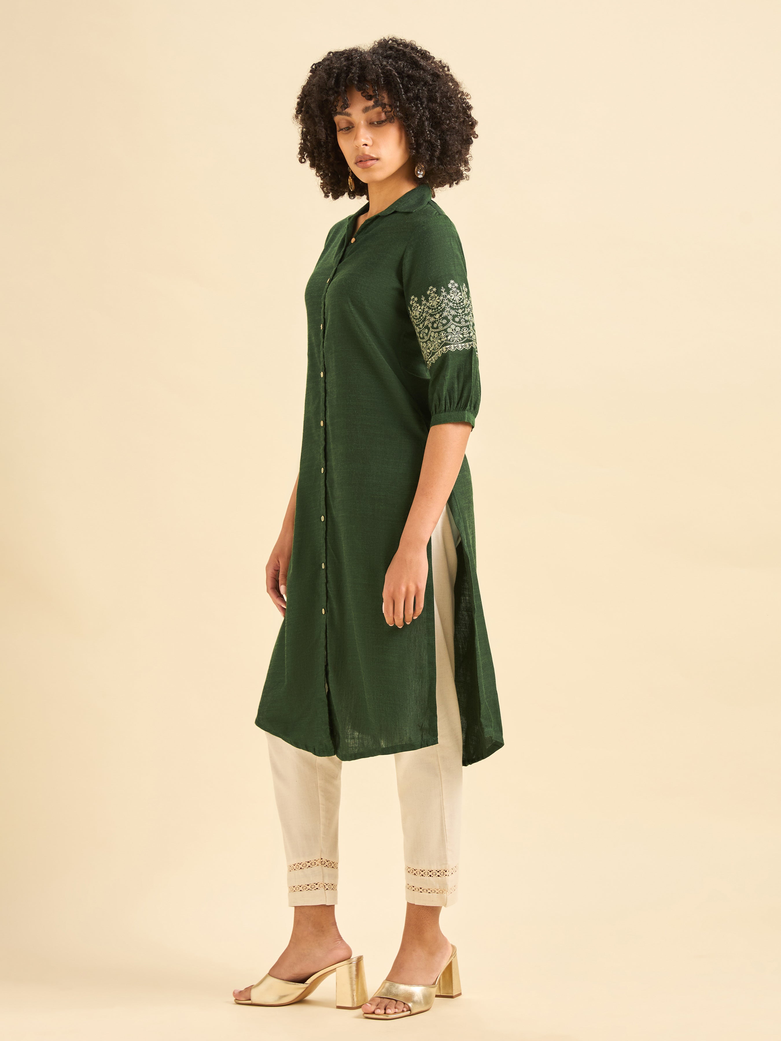 Olive Green Cotton Viscose Kurti With Embroidery