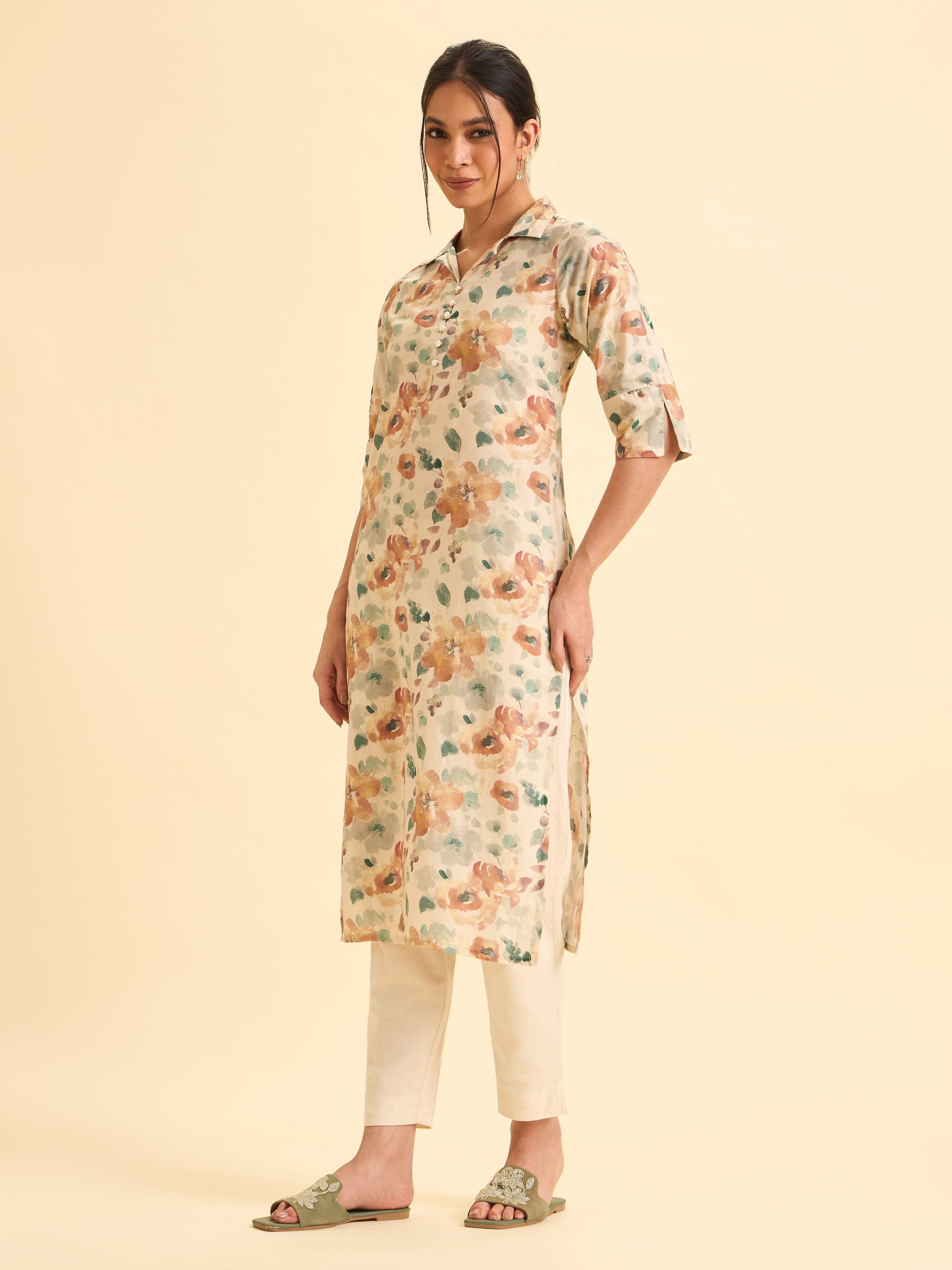 Ivory Cotton Printed Slited Kurti With Multi Colour Print