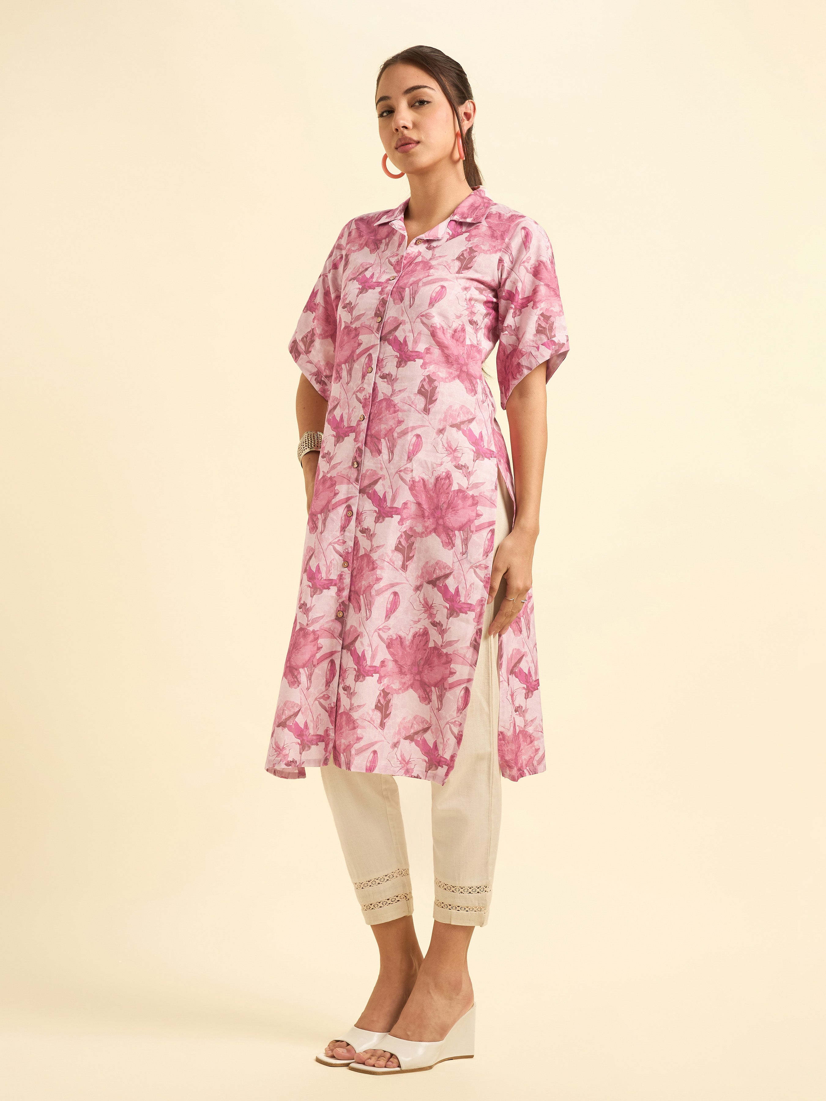 Blush Pink Cotton Slub Slited Printed Kurti With Full Placket
