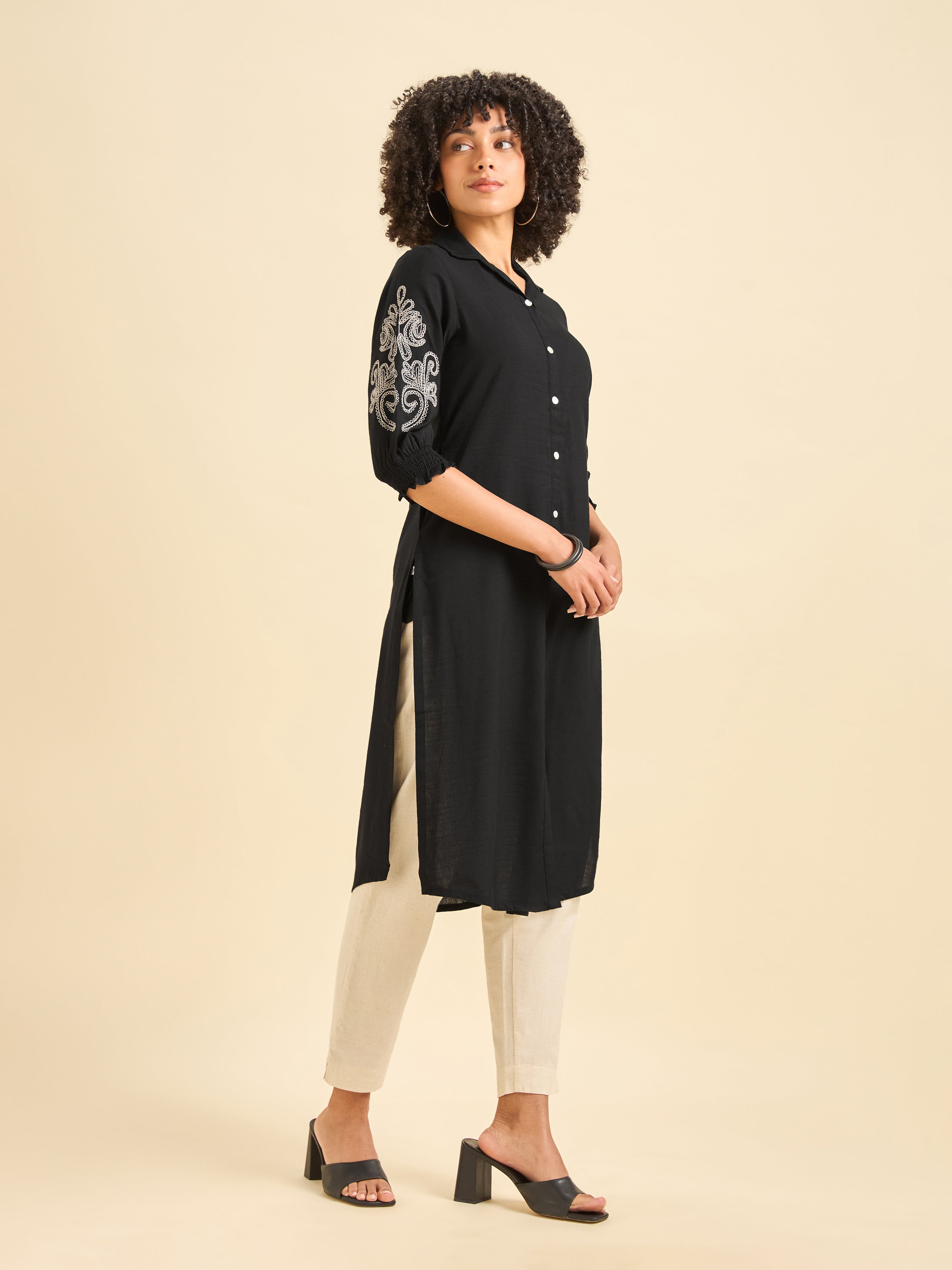 Black Cotton Viscose Kurti With Embroidery