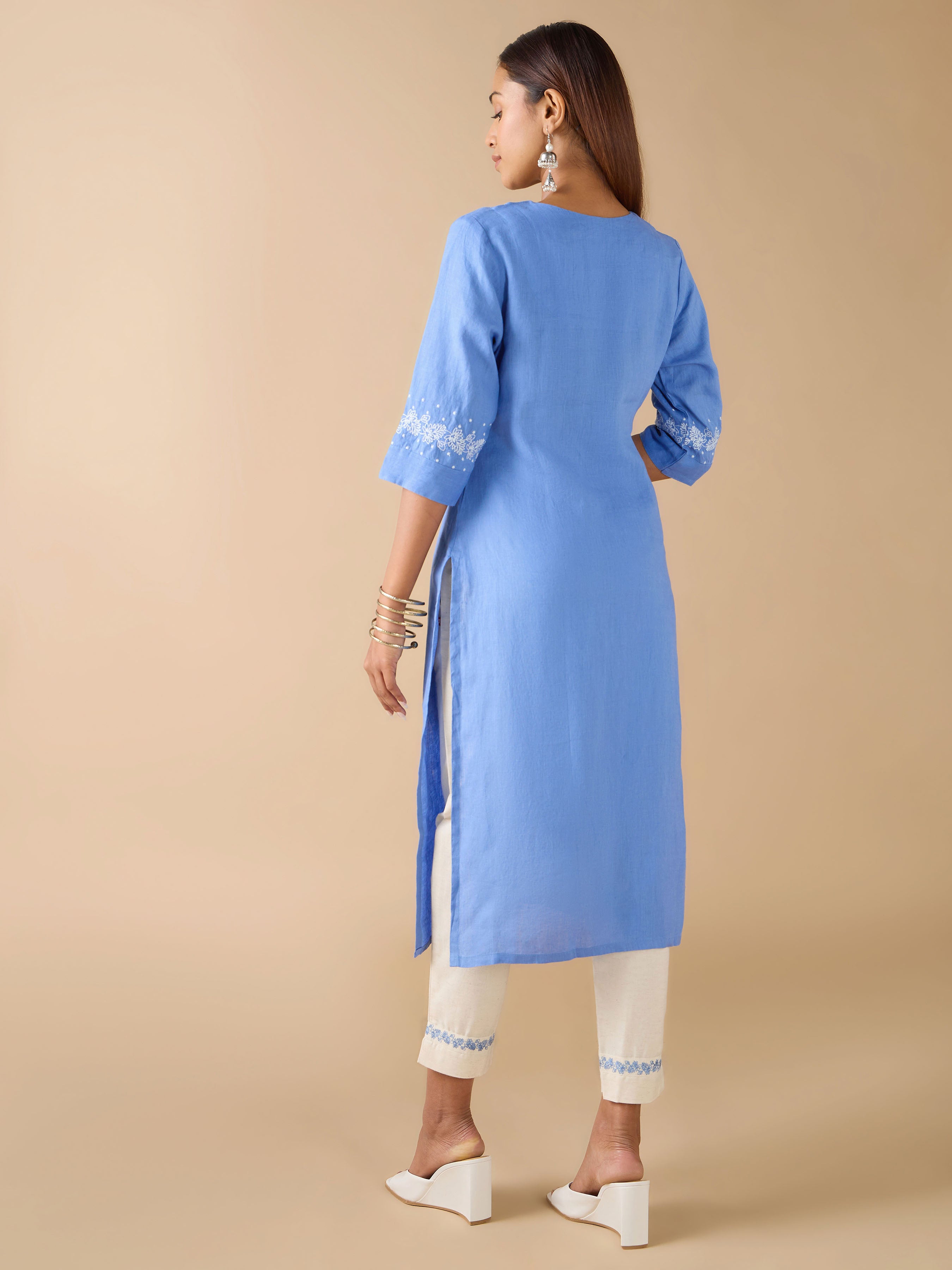 Blue Linen Plain Kurthi With Embroidery And Matching Bottom