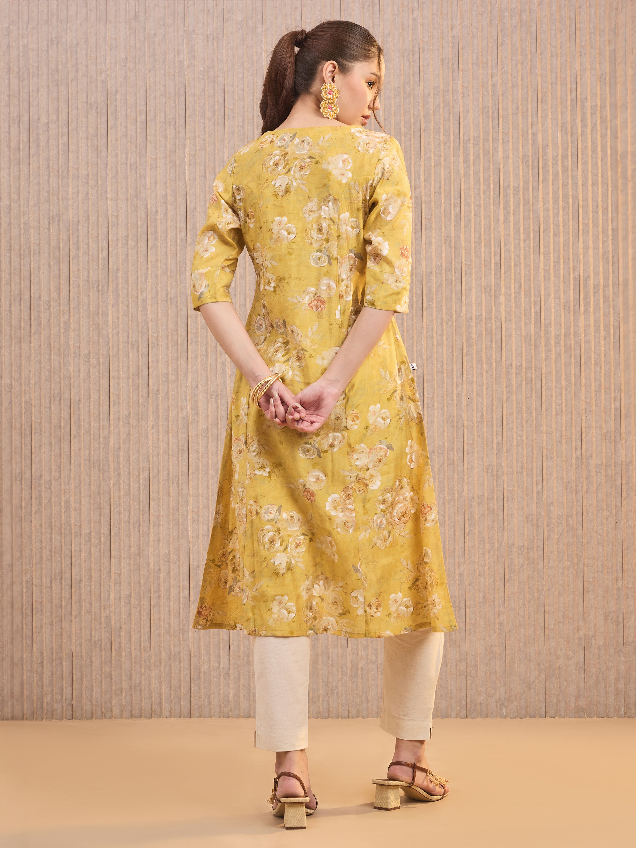 Mustard Modal Chanderi Printed Kurti With Princess Cut