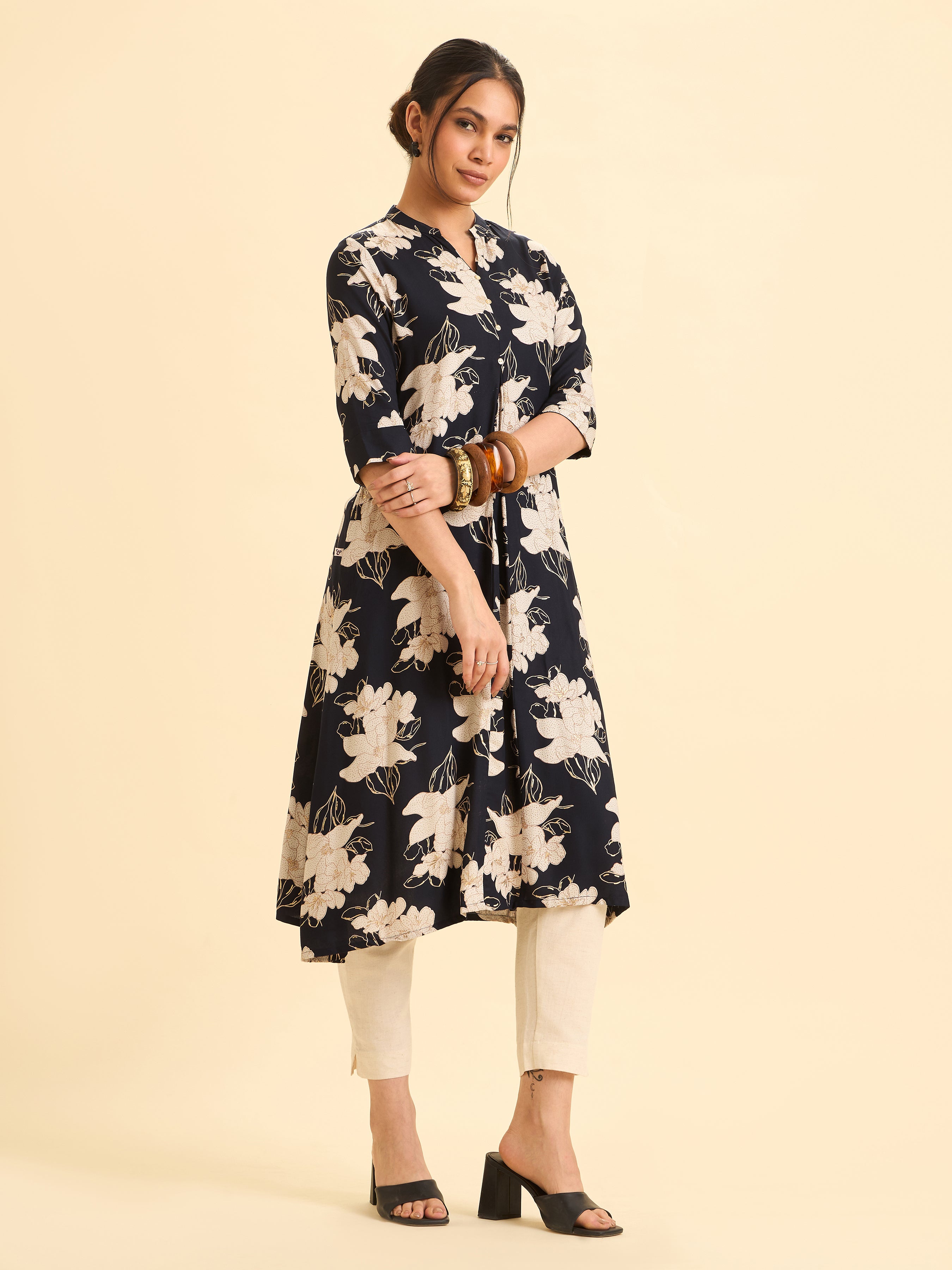 Navy Blue And Ivory Viscose Printed Flared Angrakha Kurti