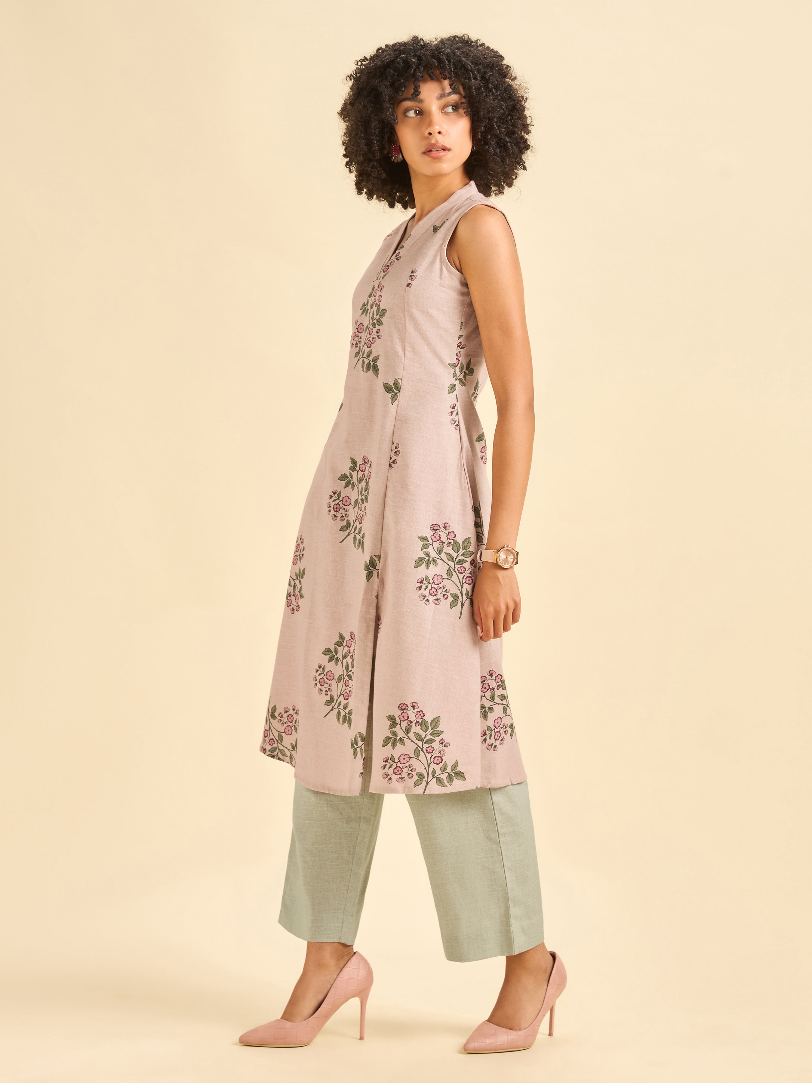 Onion Pink Cotton Flax Slub Sleeveless Kurti Set