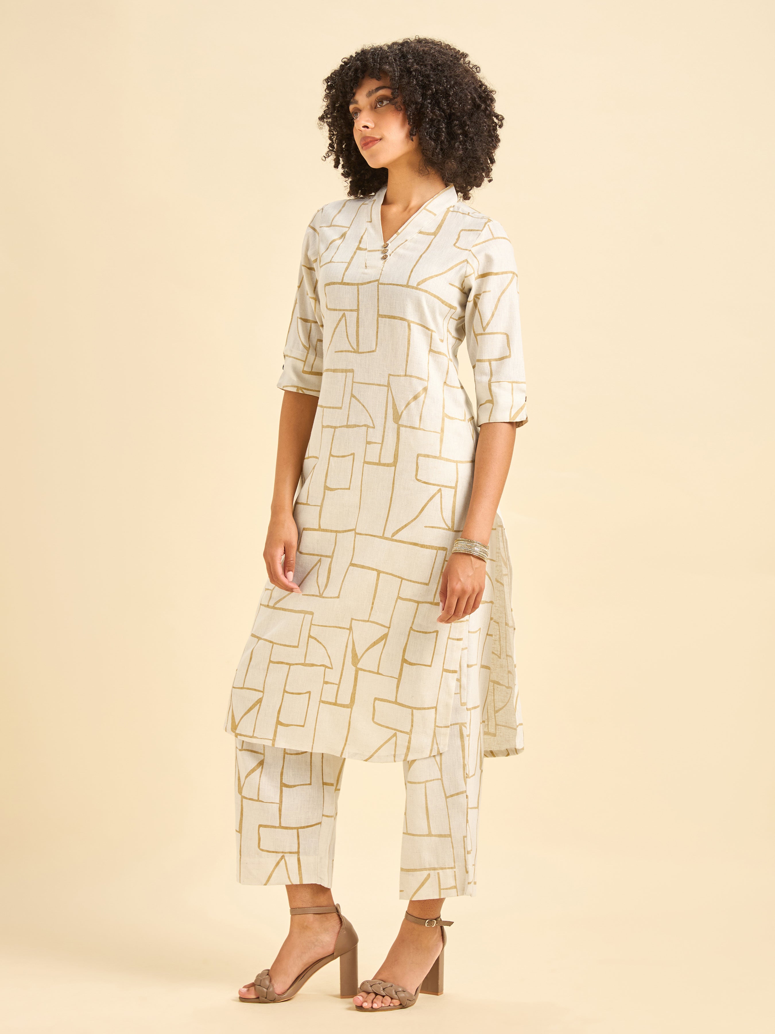 Ivory Cotton Linen Slited Printed Co-Ord Set