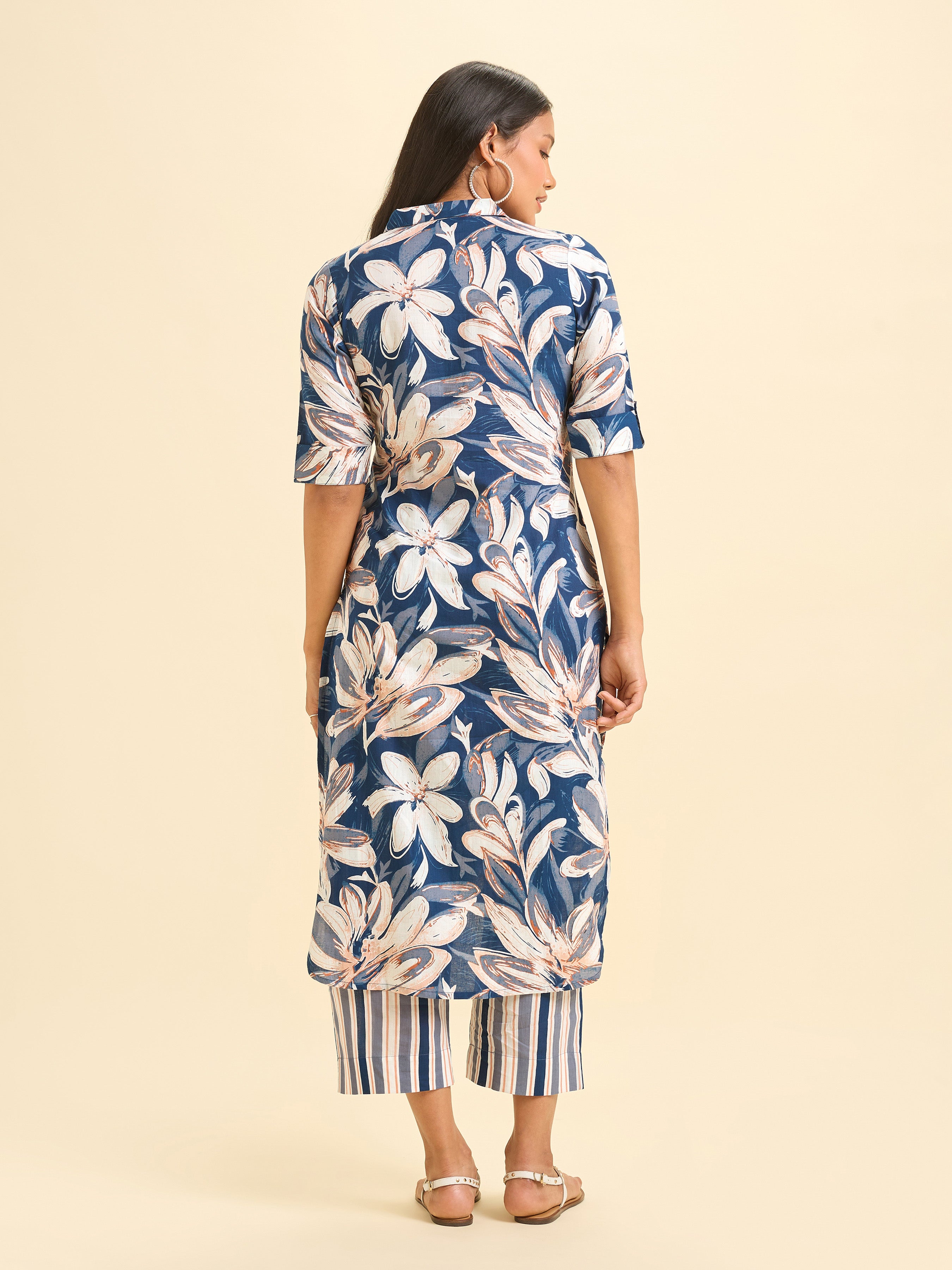 Navy Blue Cotton Flax Printed Kurti Set