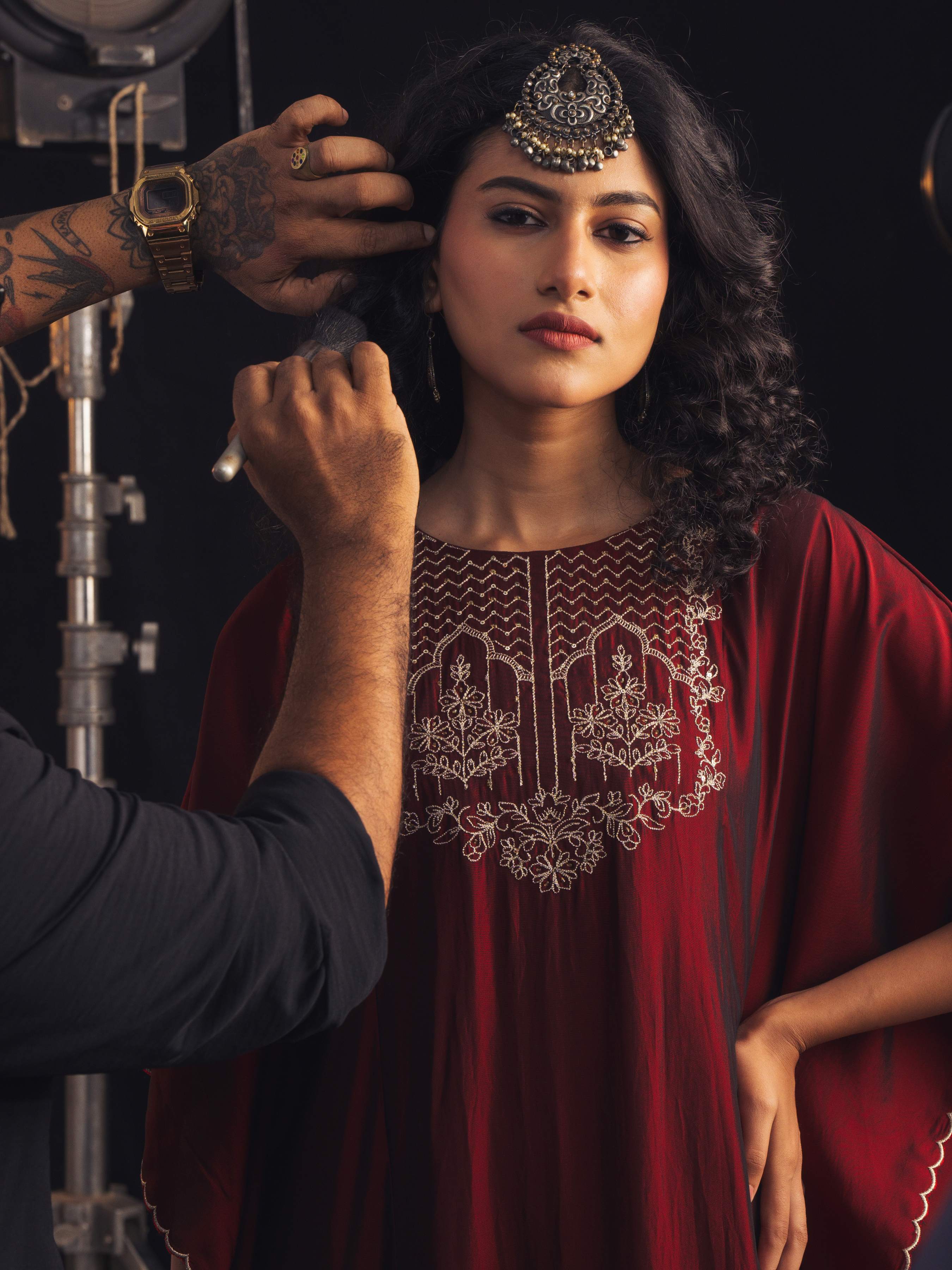 Maroon Viscose Blend Plain Kaftan Kurti Set With Embroidery And Hand Work
