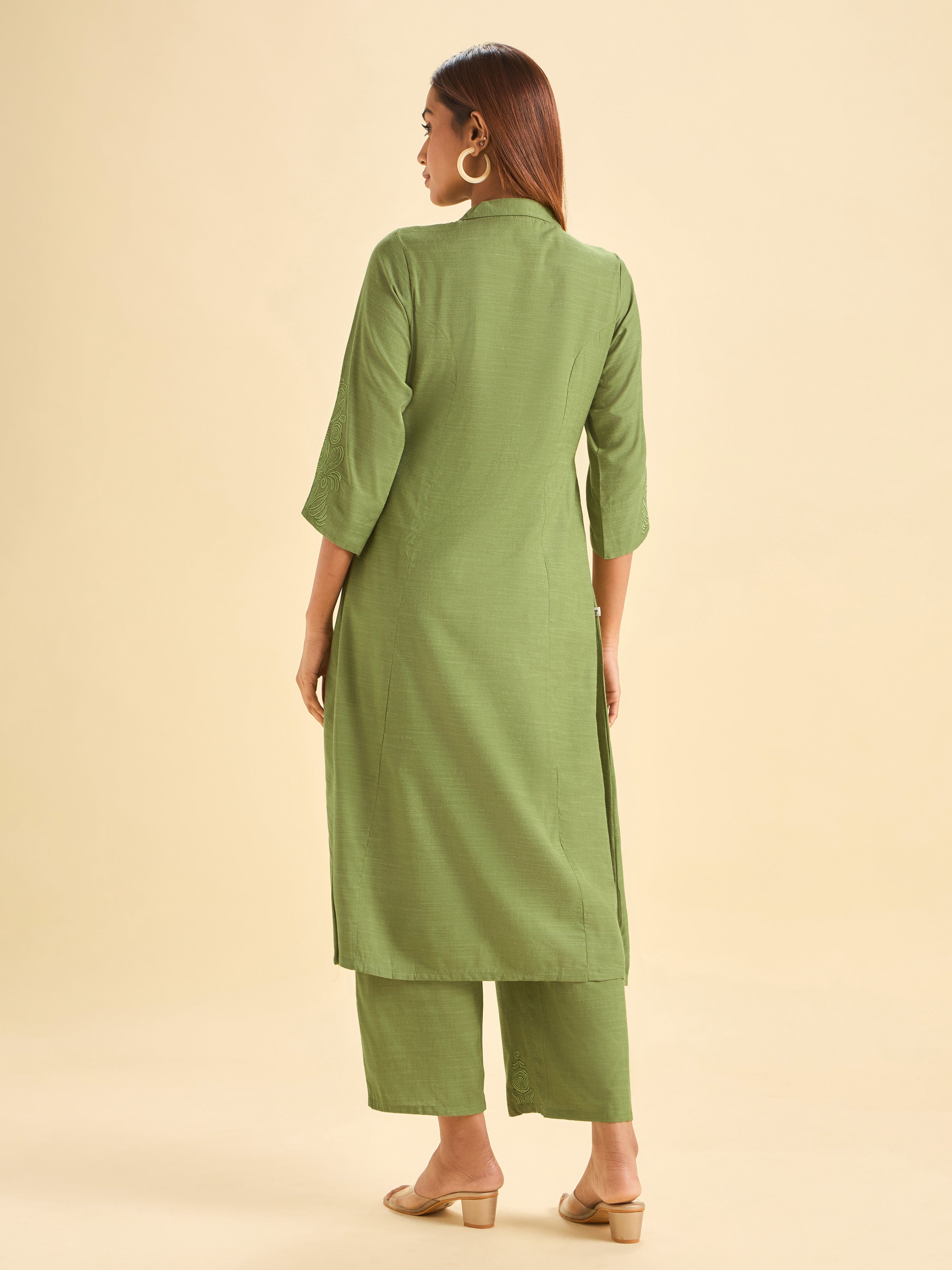 Pista Green Viscose Plain Kurti With Embroidery with Viscose Plain Bottom