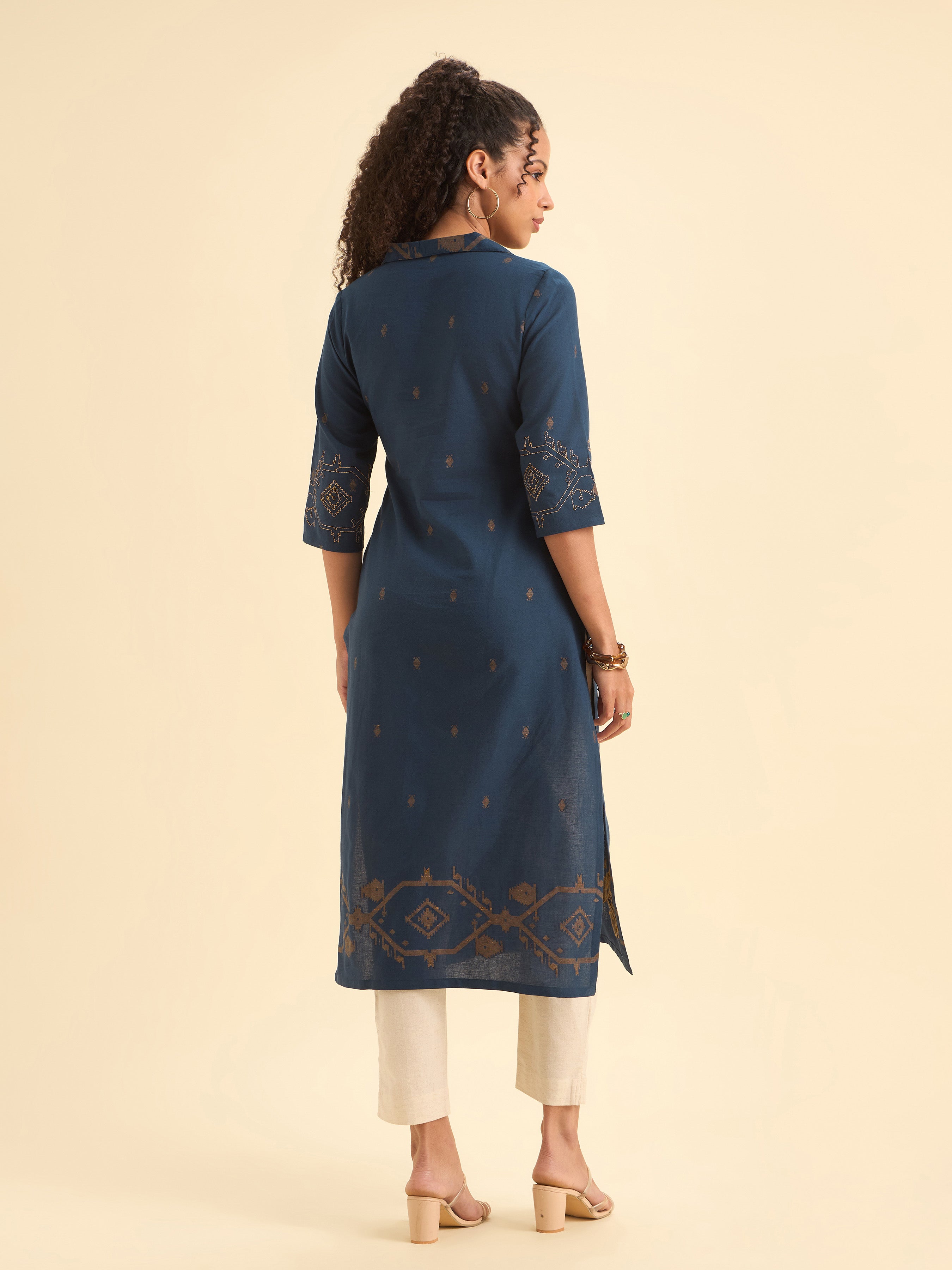 Navy Mustard Cotton Dobby Plain Center Panel Kurti With Embroidery