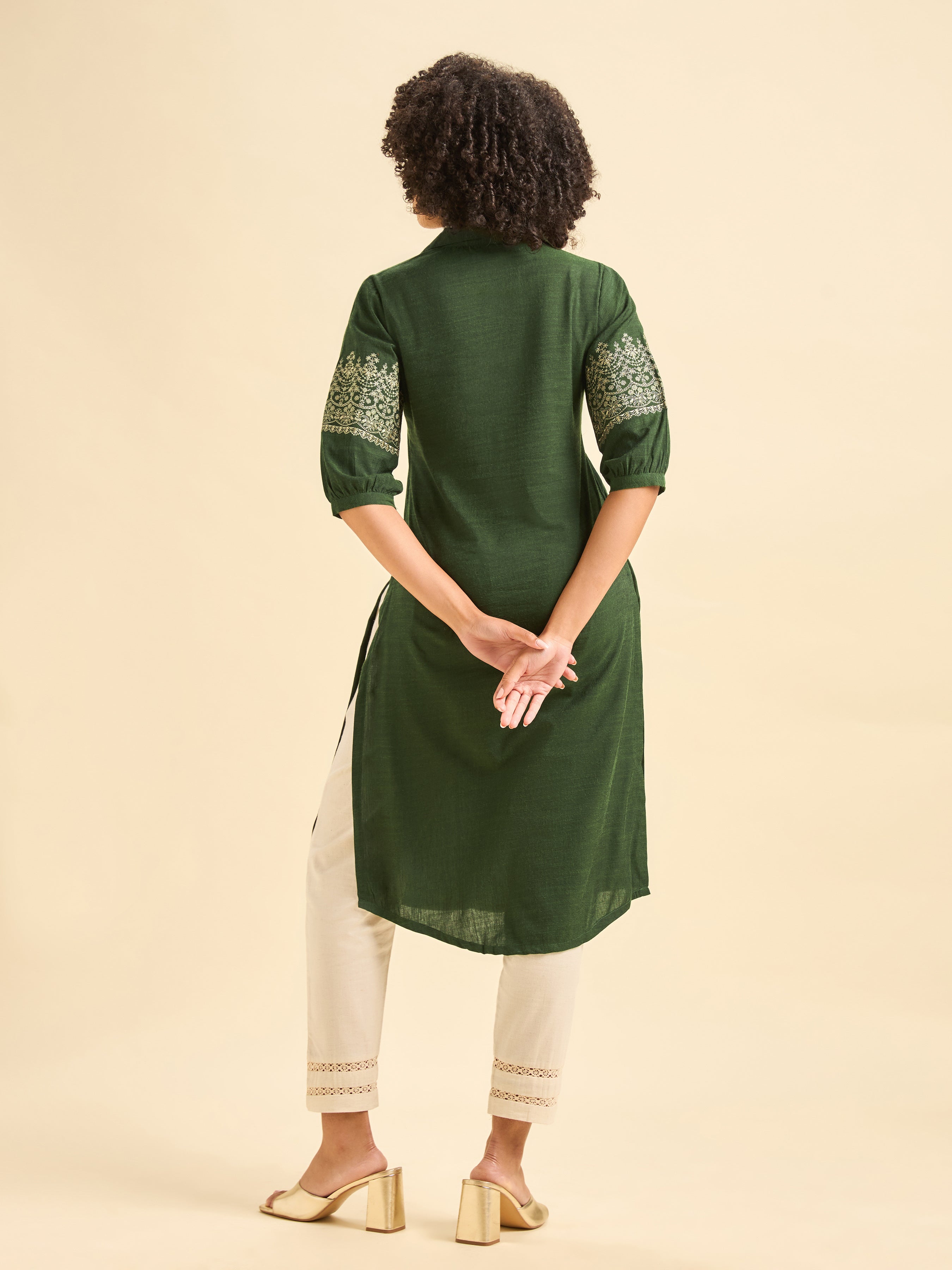 Olive Green Cotton Viscose Kurti With Embroidery