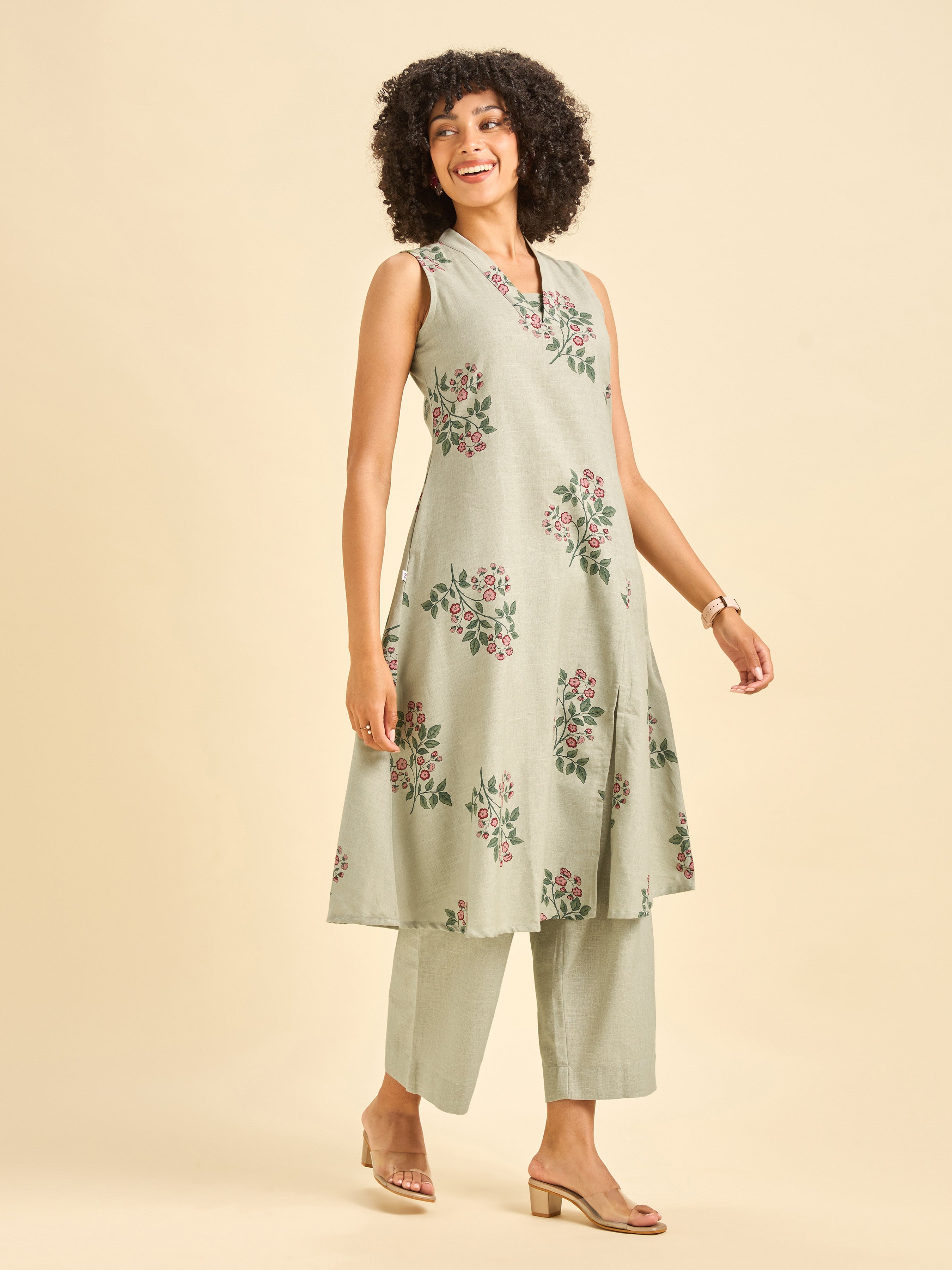 Pista Green Cotton Flax Slub Sleeveless Kurti Set