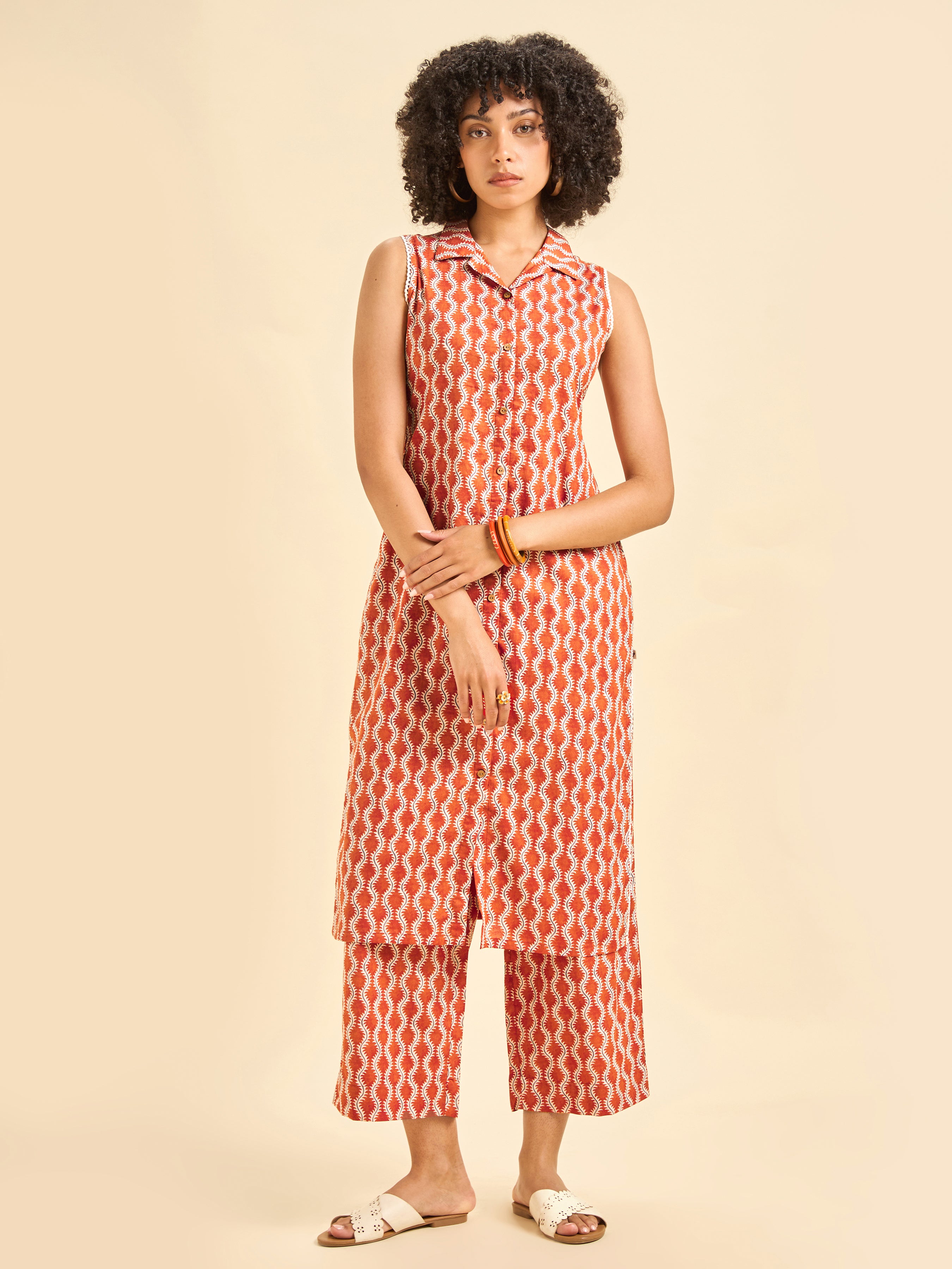 Rust Orange Cotton Printed Co-Ord Set With Lace