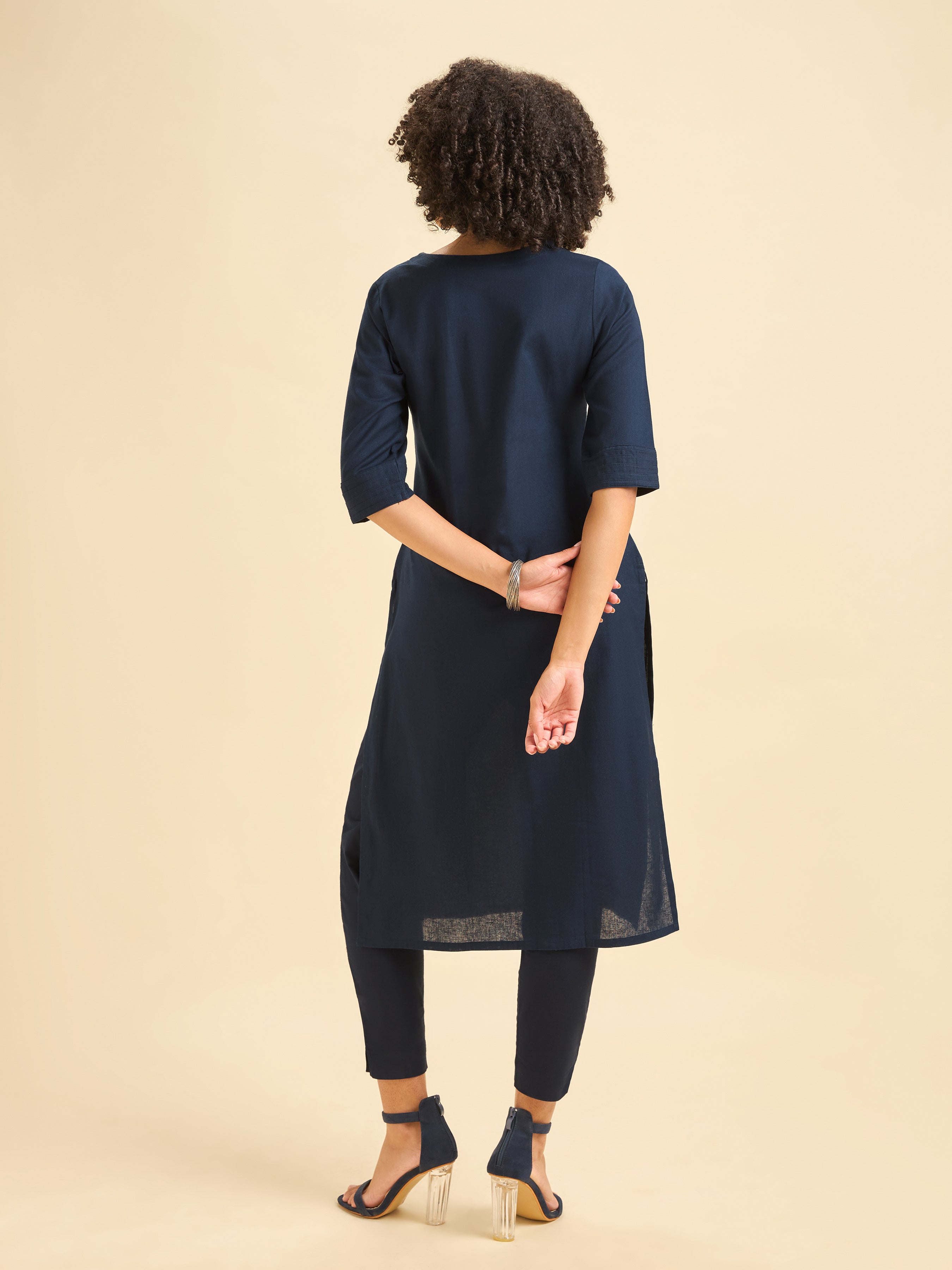 Navy Blue Cotton Flax Kurti With Sequins Embroidery
