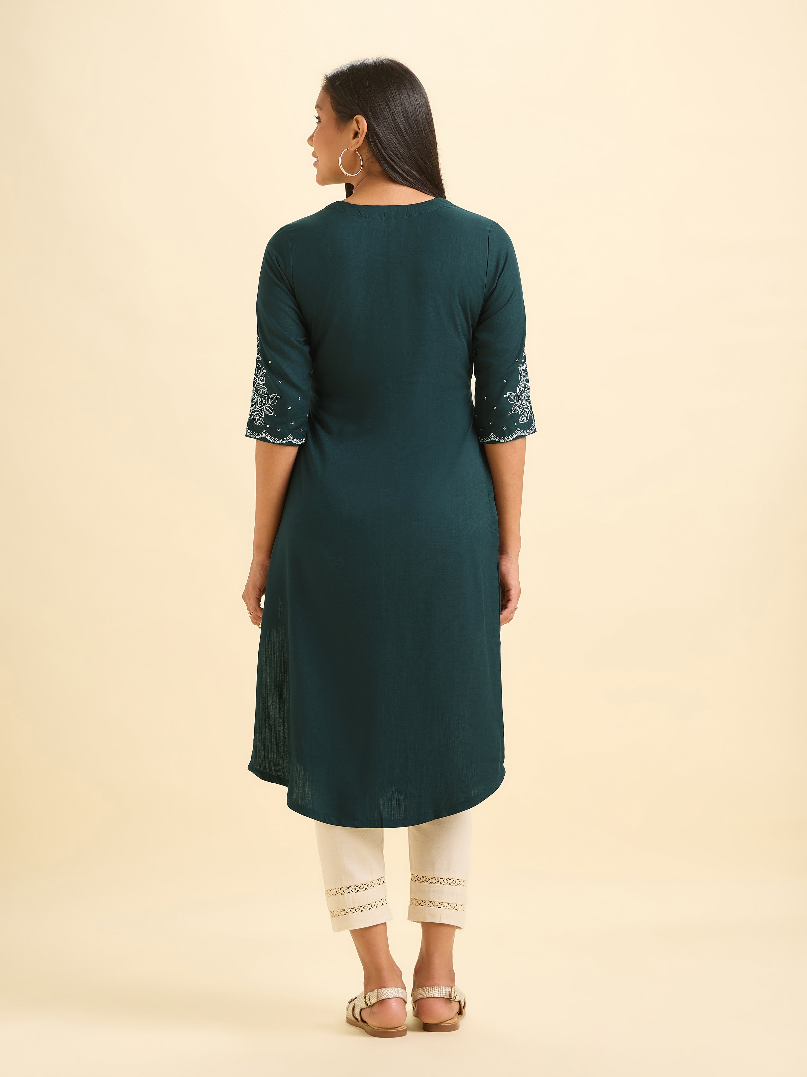 Teal viscose slub kurti with embroidery