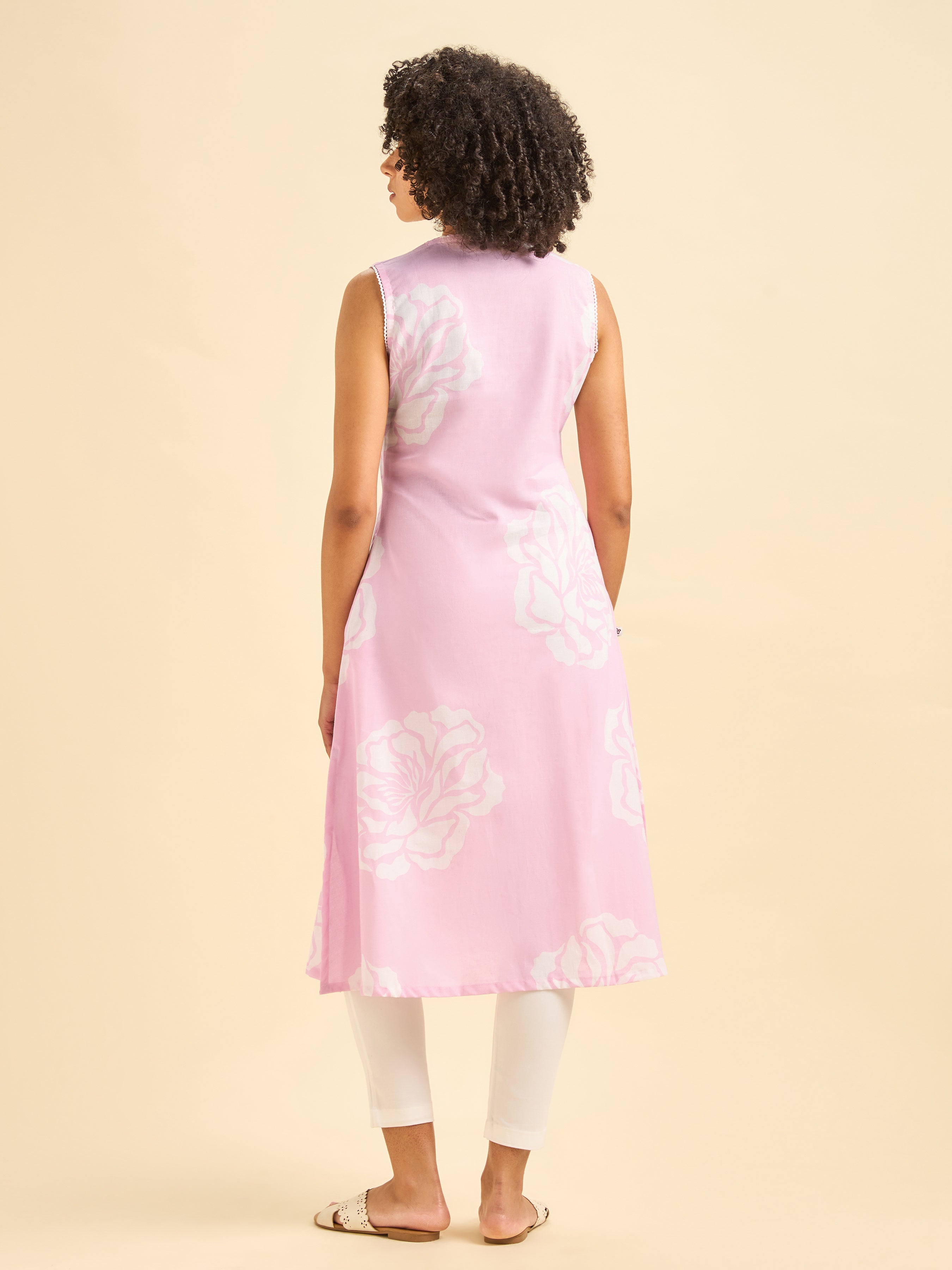 Pink And White Cotton Flax Flared Princess Cut Kurti