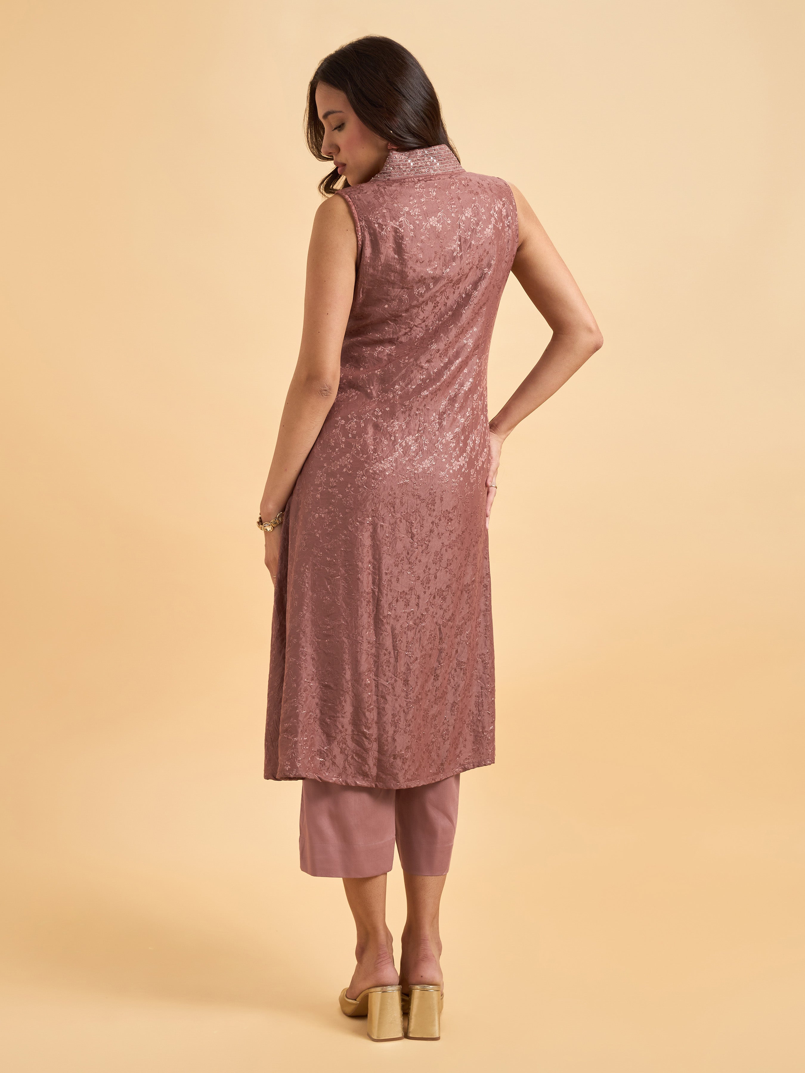 Brown Viscose Jacquard Kurti Set With Bead Work And Sequins