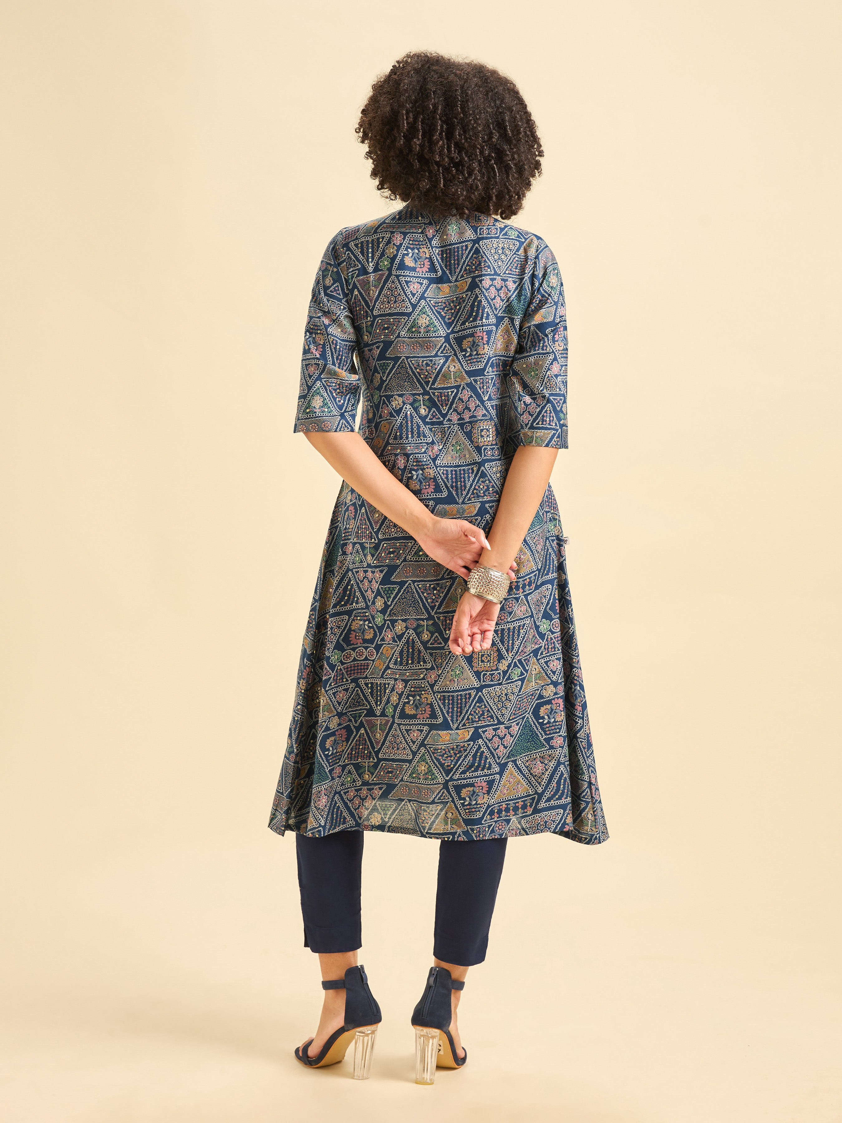 Navy Blue Multi Viscose Blend Printed Flared Kurti.