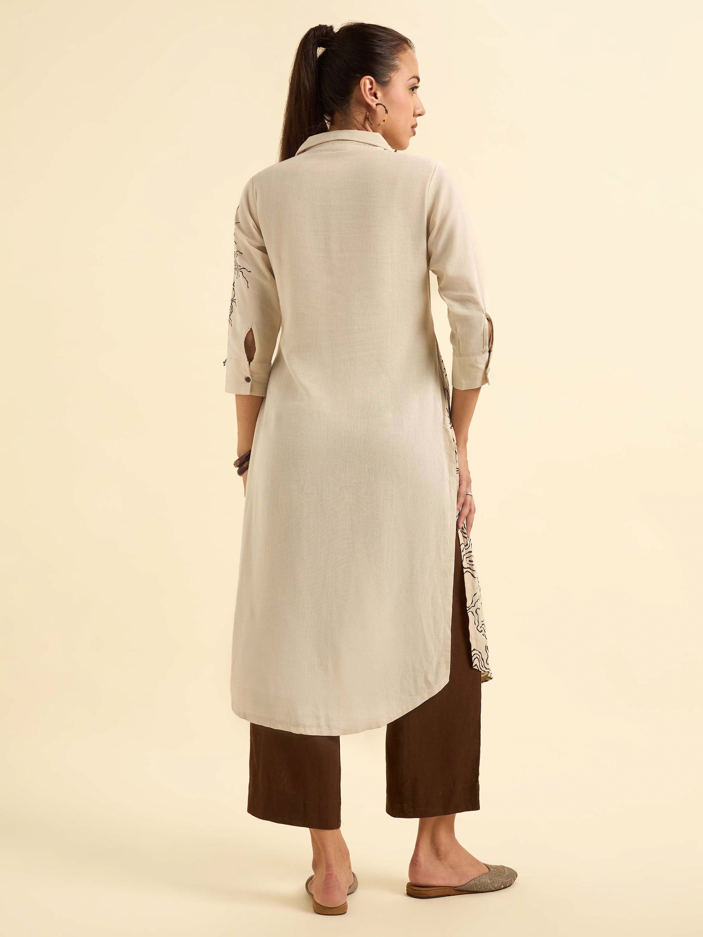 Ivory Colour Viscose Linen Kurti With Placement Print with Bottom