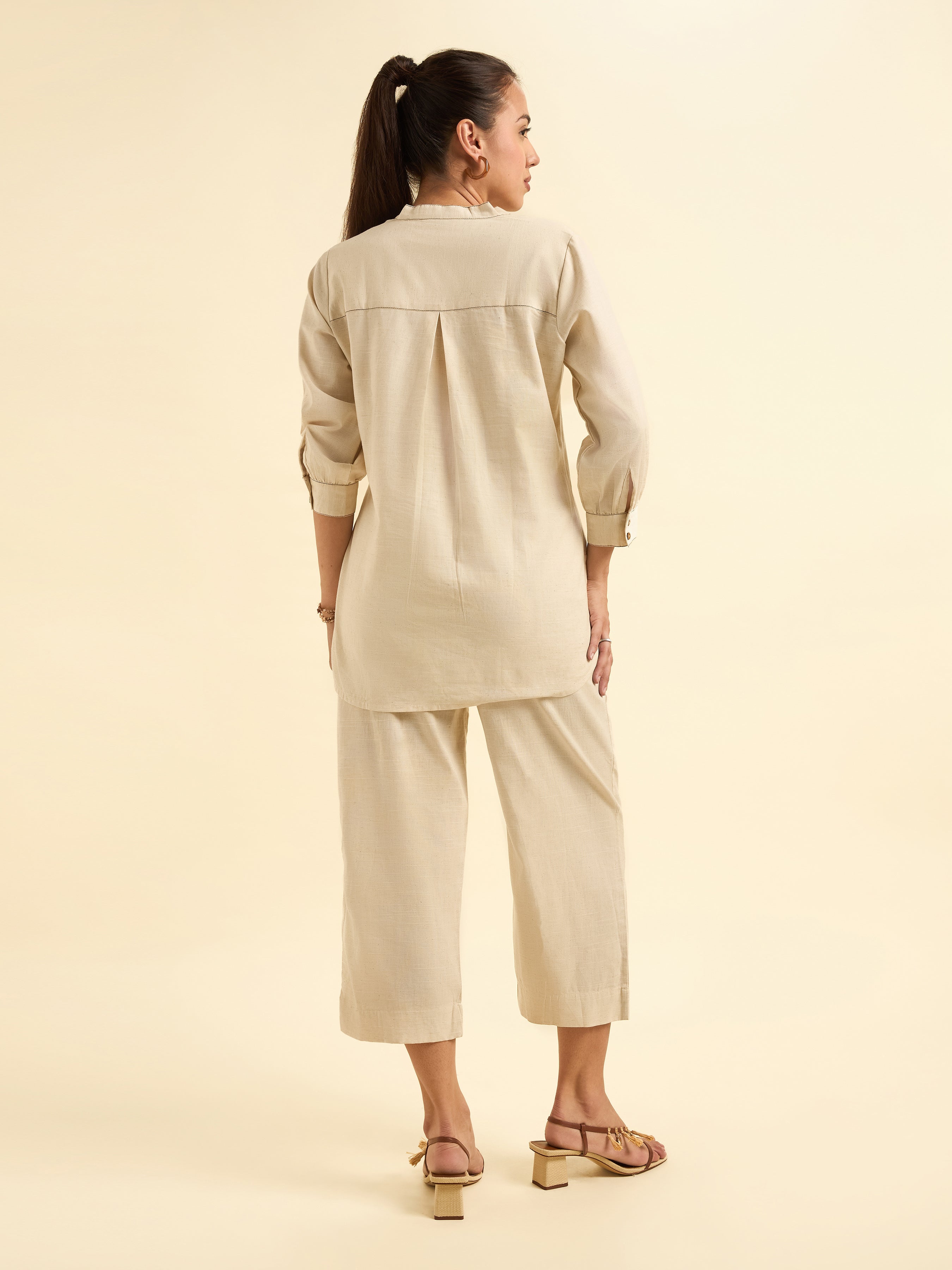 Ivory Cotton Flax Slub Tunic Set With Parallel Pant And Embroidery
