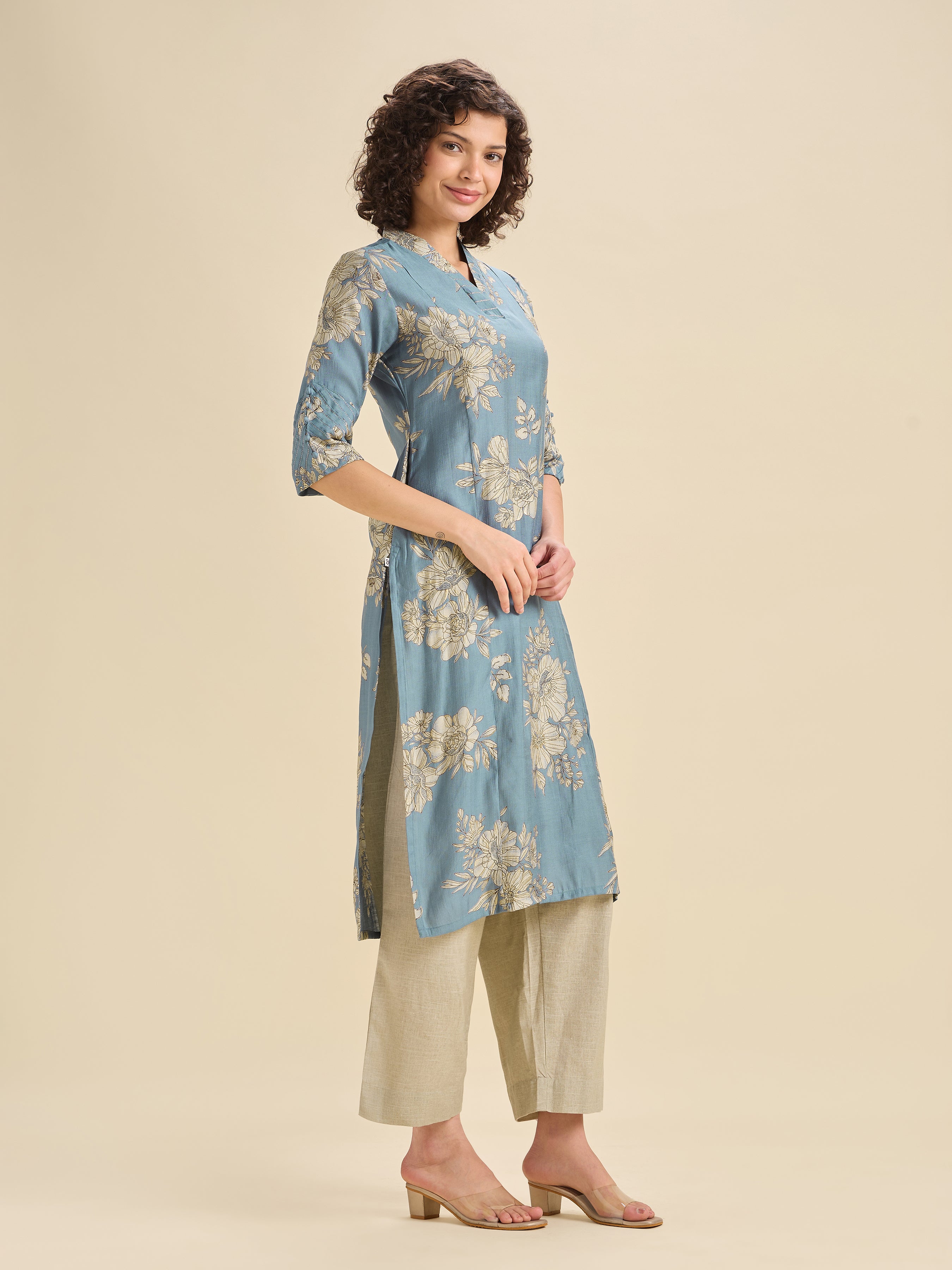 Sky Blue Viscose Blend Printed Kurta With Embroidery