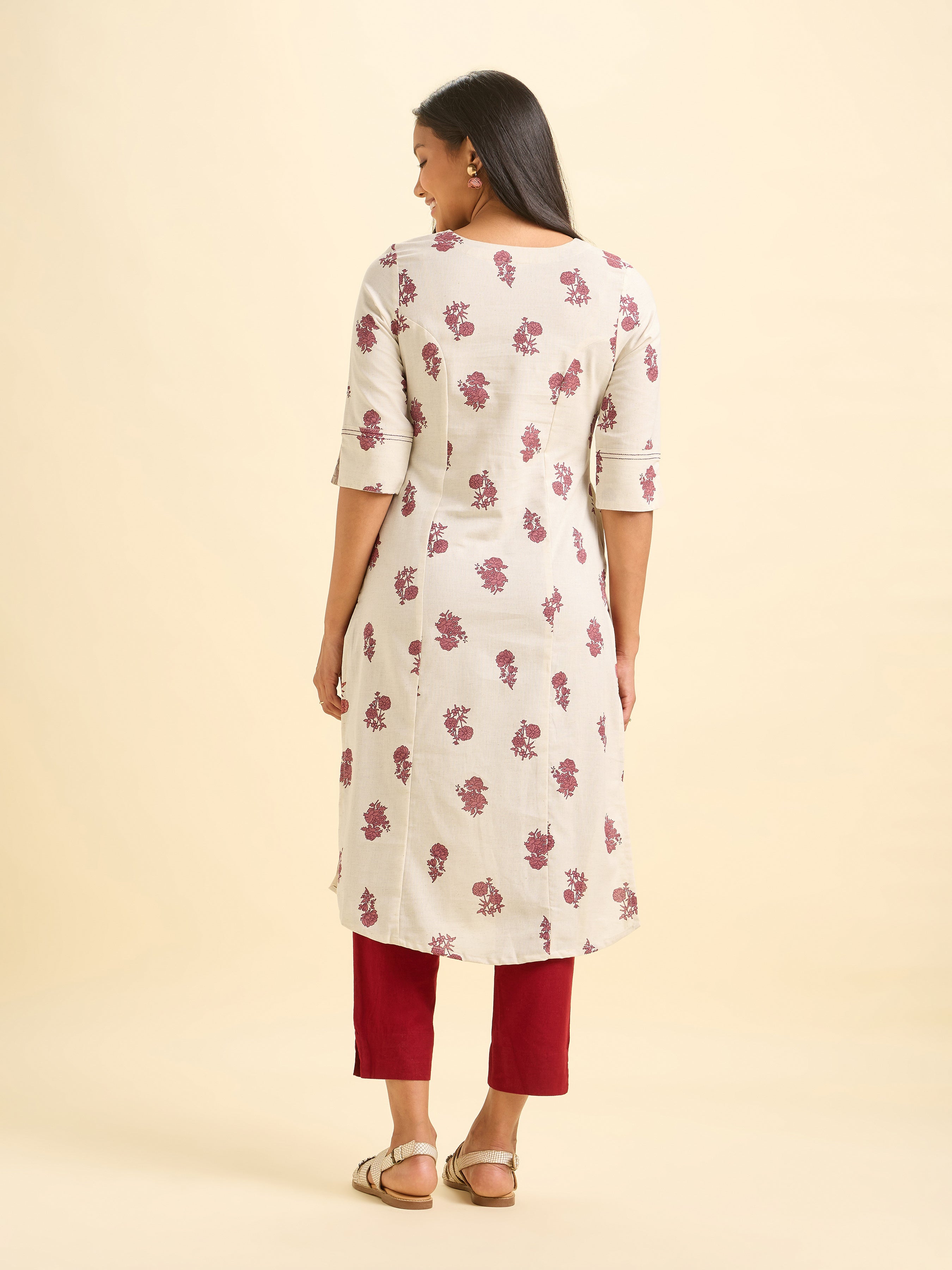 Ivory Maroon Cotton Flax Printed Slit Kurti With Running Stitch Embroidery