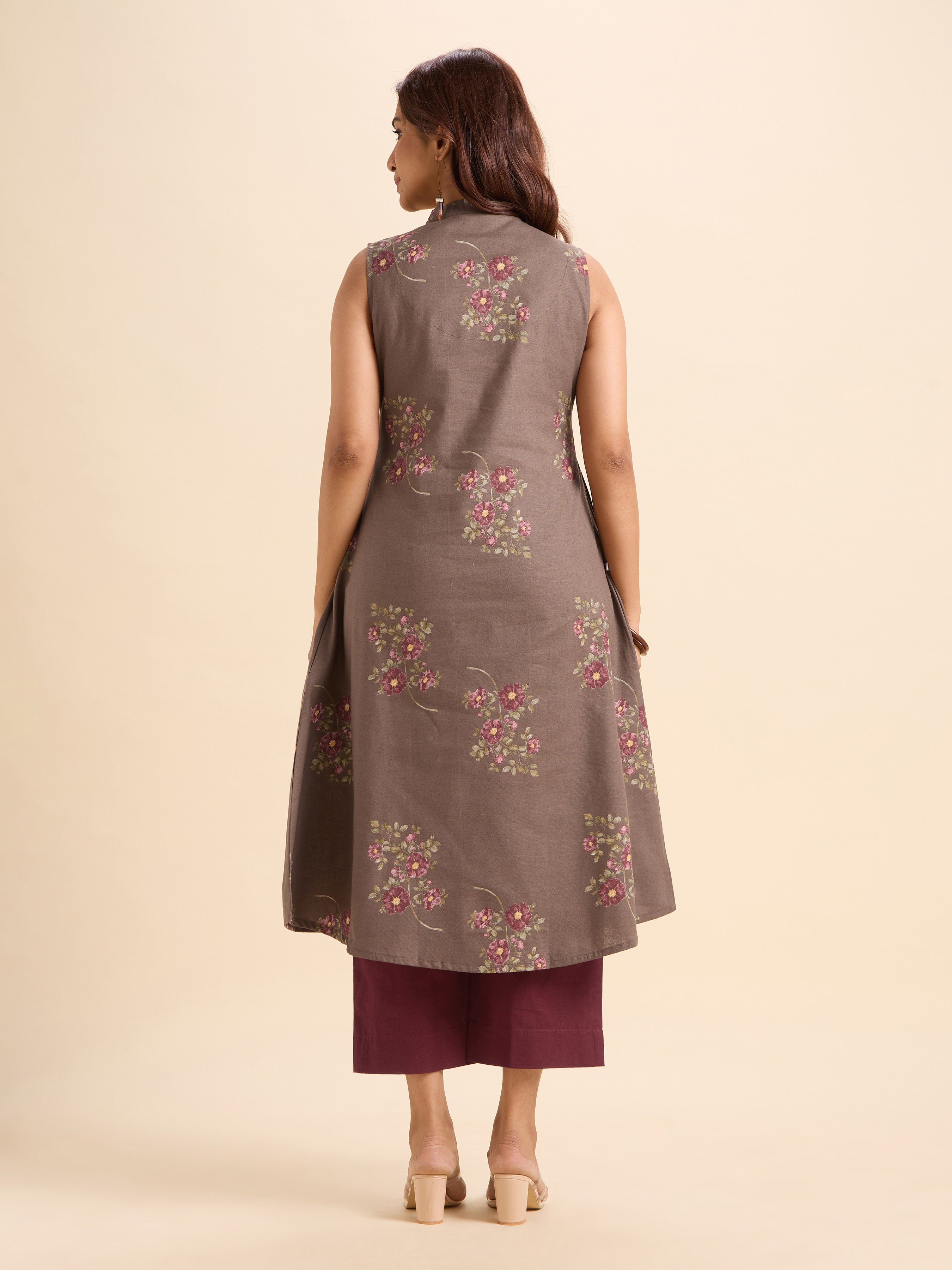 Coffee Brown Multi-Colour Cotton Flax Slub Printed Flared Kurti Set