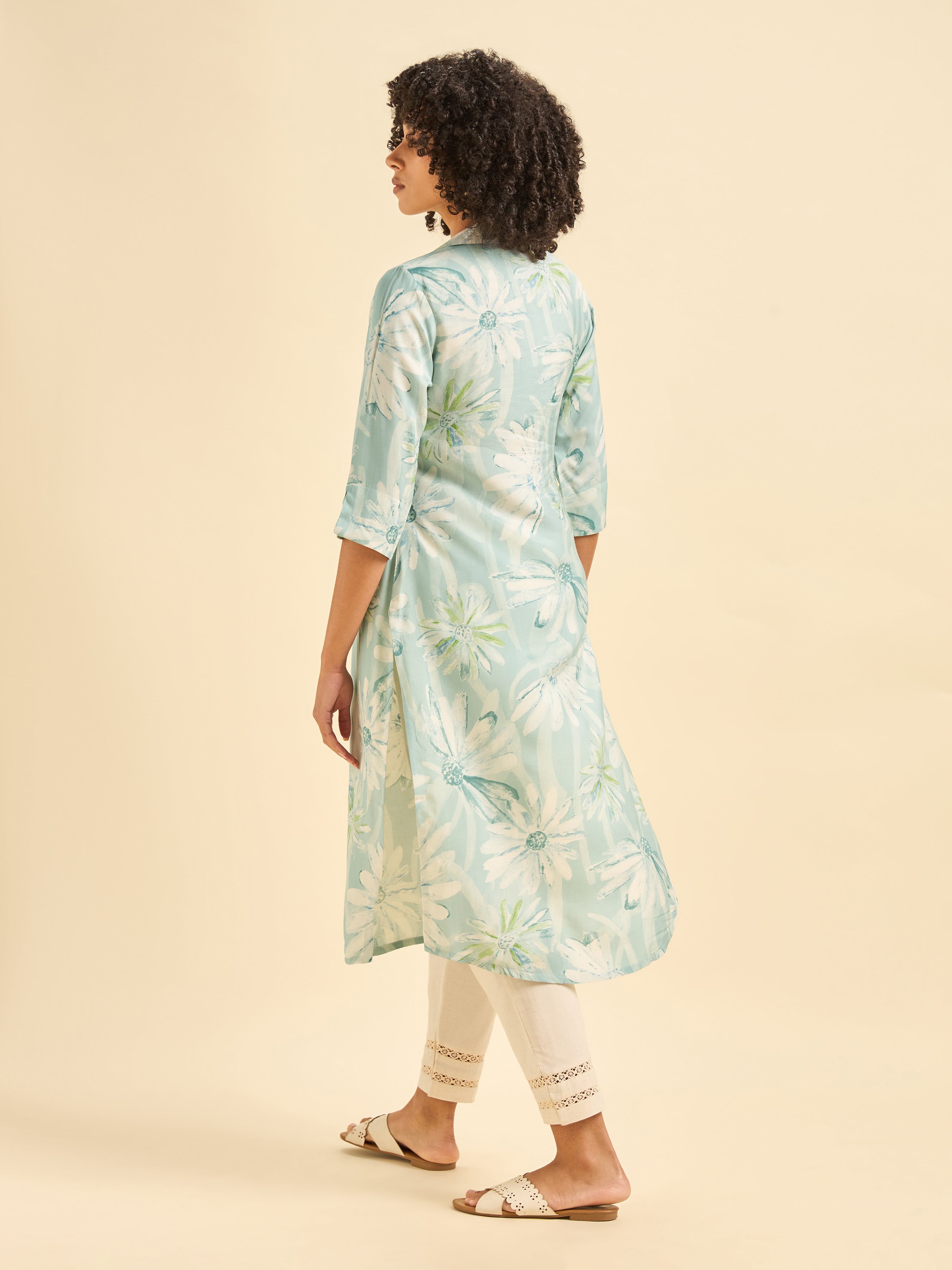 Light Blue Muslin Printed Kurti With Embroidery