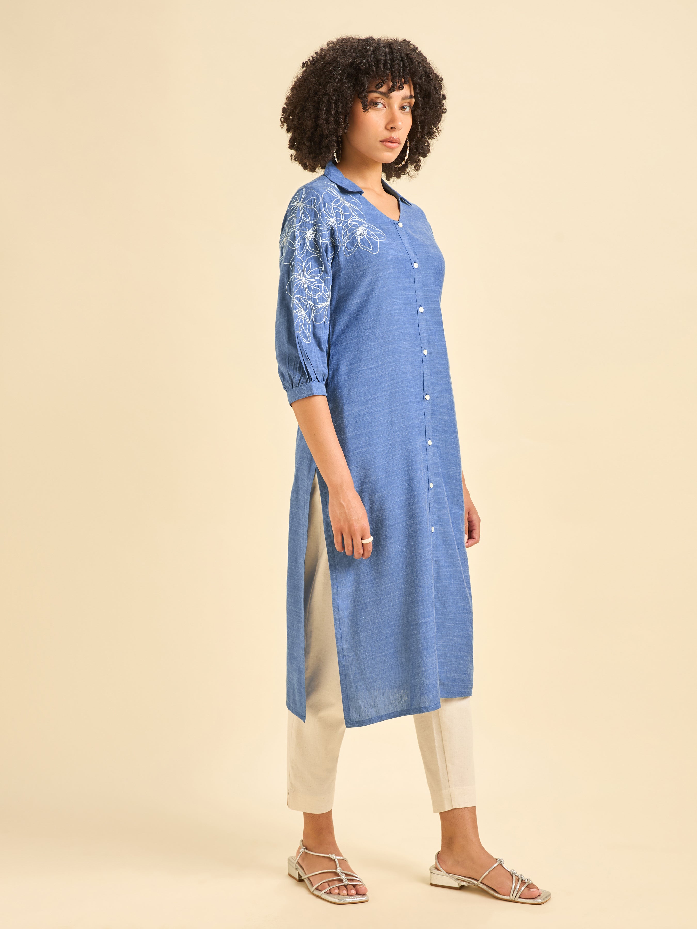 Blue Cotton Viscose Kurti With Embroidery