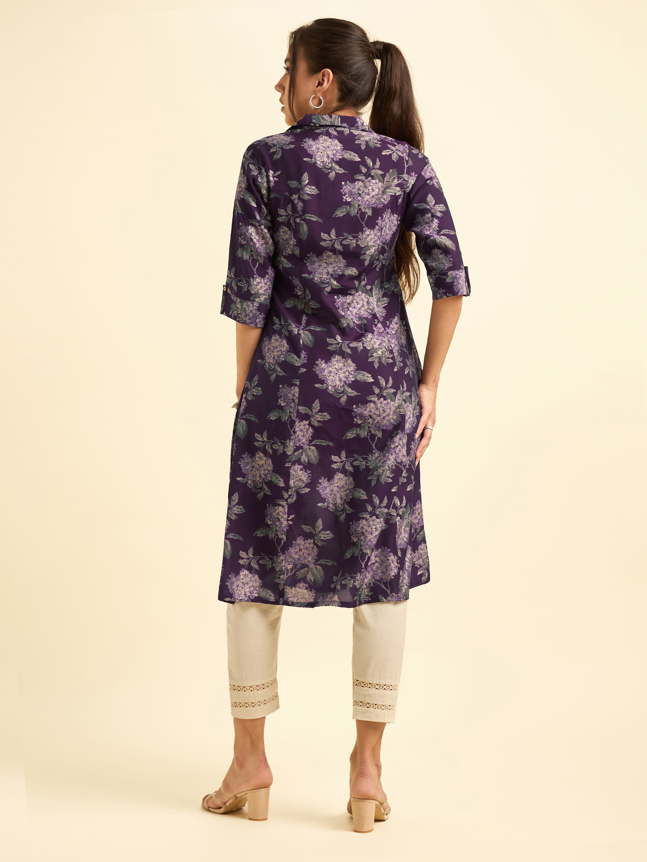 Purple Modal Chanderi Flared Printed Kurti With Princesscut