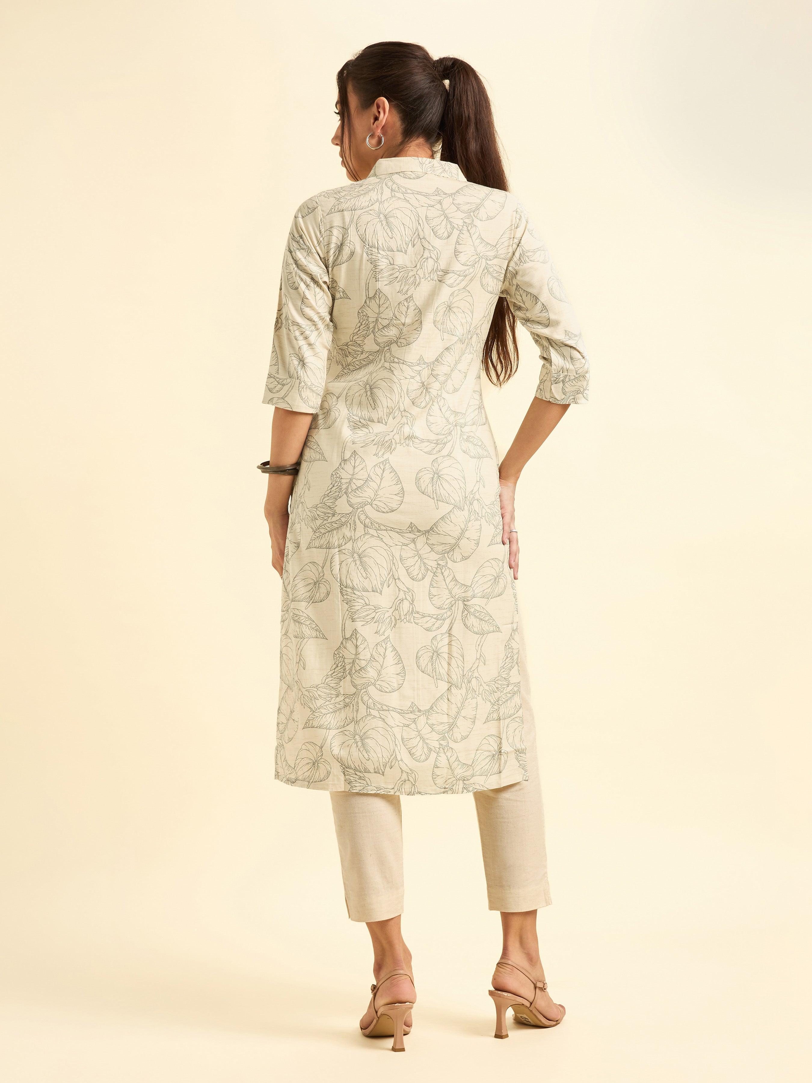 Ivory And Black Tencel Printed Flared Princess Cut Kurti