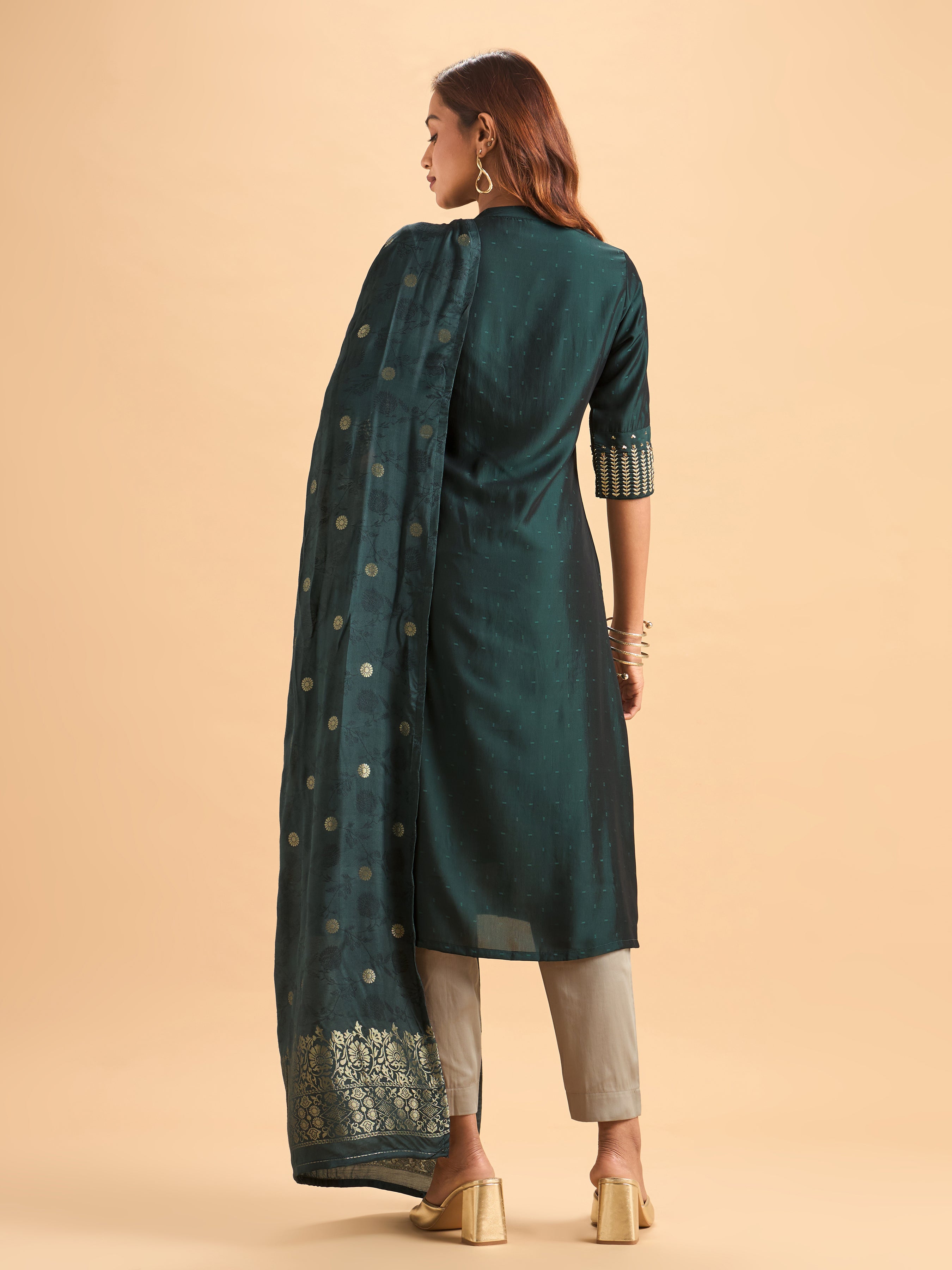 Women Wearing Bottle Green Viscose Blend Kurti Set With Dupatta And Handwork Embroidery